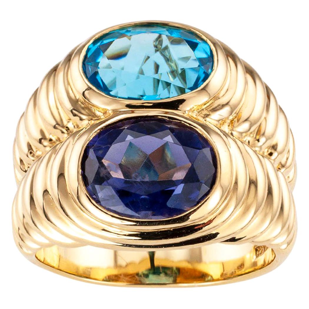 Bulgari Blue Topaz Iolite Yellow Gold Double Stone Ring