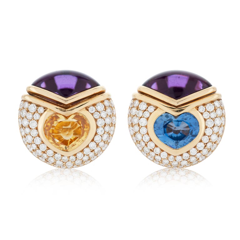 Women's Bulgari Blue & Yellow Sapphire Earrings with Diamond and Amethyst in 18kyg