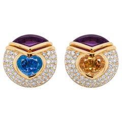 Bulgari Blue & Yellow Sapphire Earrings with Diamond and Amethyst in 18kyg