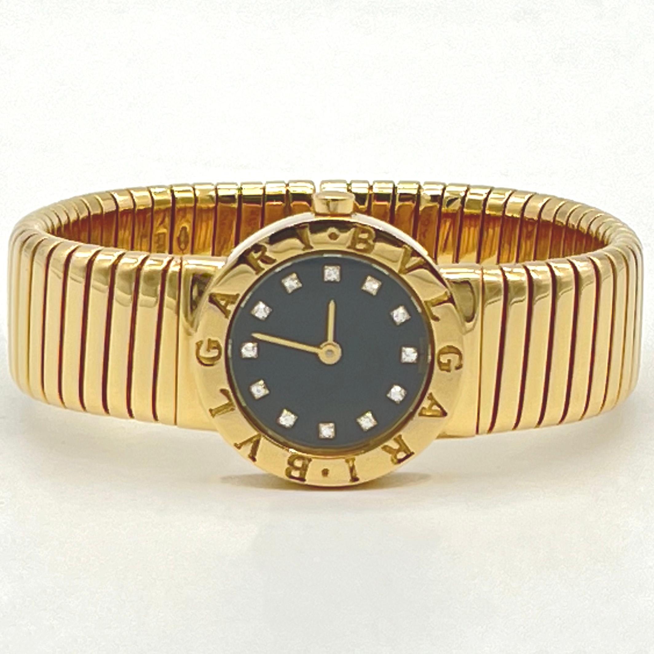 This watch is also known as: BB23, BB232TY, BB, BB232TG

This Bulgari BB23 2T small size Tubogas Bangle in yellow gold is an example of Bulgari successful jewelry making combined with top notch watchmaking techniques. Bulgari BB23 2T small size