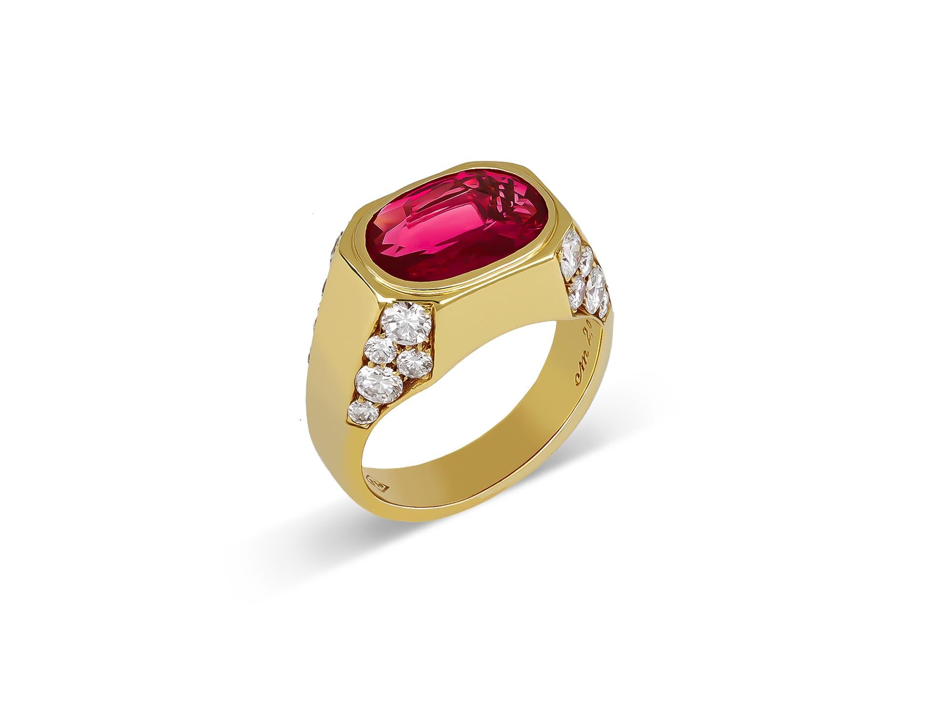 Bulgari Burmese ruby and diamond ring. A natural unenhanced oval old cut Burmese ruby is set horizontally to centre in an open back rubover setting with an approximate weight of 2.80 carats, flanked to the corners by four rows of round brilliant cut