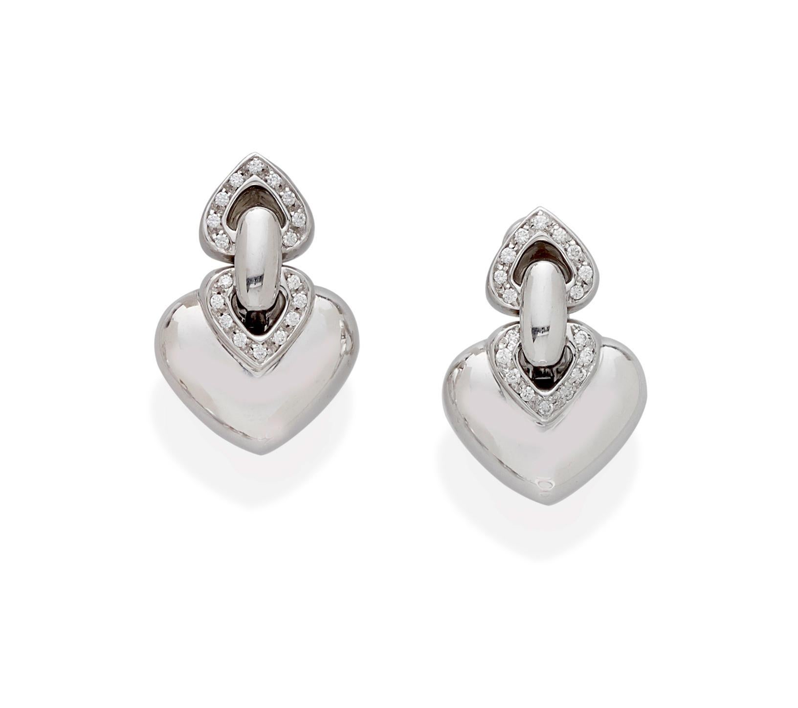 Modern Bulgari Bvlgari 18k White Gold Doppio Cuore Diamond Ear Clips Appx 0.50 ct For Sale