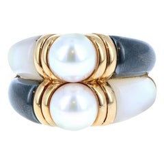 Retro Bulgari Bvlgari 18 Karat Gold, Pearl, Hematite and MOP Double Band Ring 11.9g