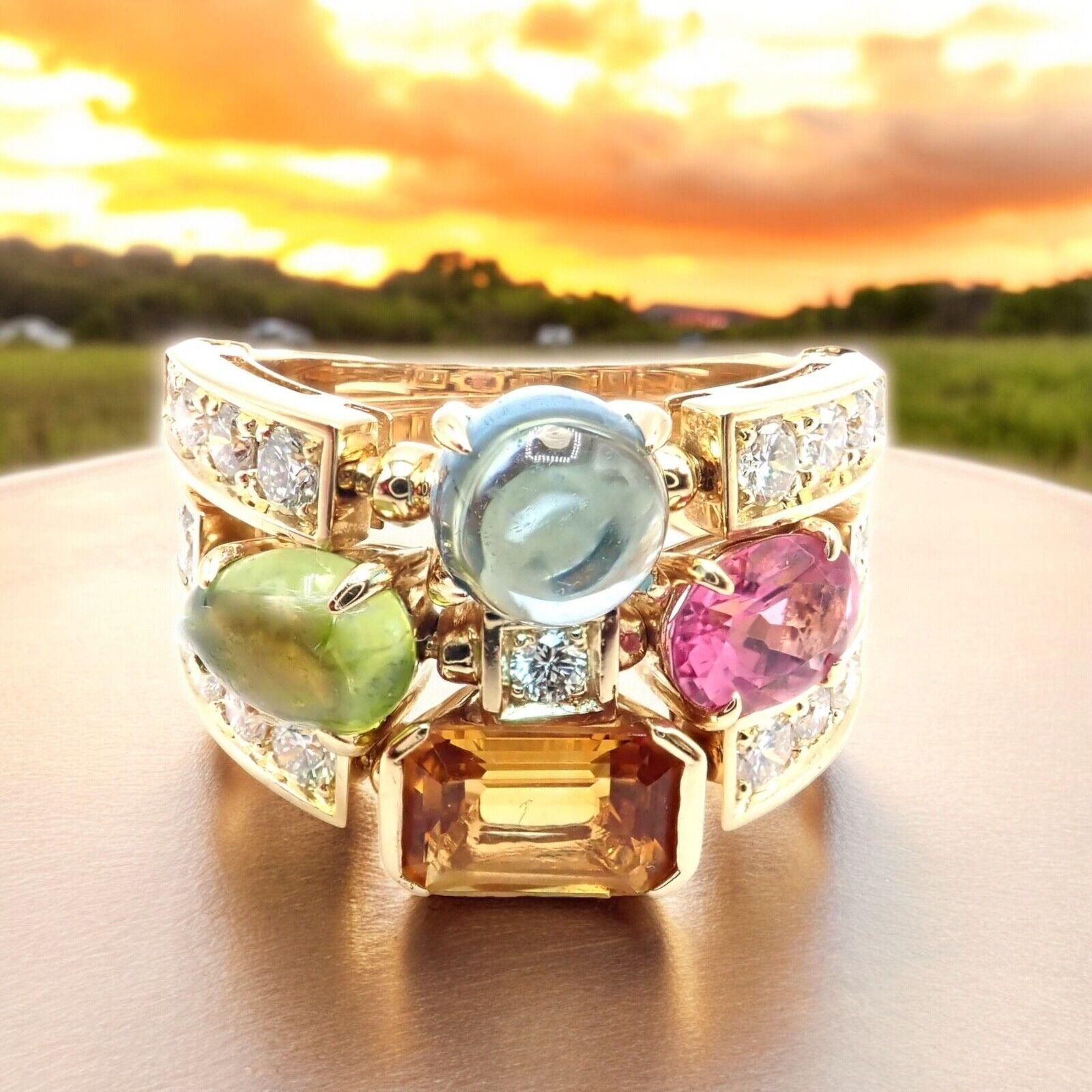 Anillo de oro amarillo de 18 quilates con banda de diamantes, turmalina, citrino y topacio, de Bulgari. 
El anillo Bulgari Bvlgari Allegra de oro de 18 quilates con diamantes, peridoto, turmalina y citrino es una pieza vibrante y lujosa. 
Fabricada