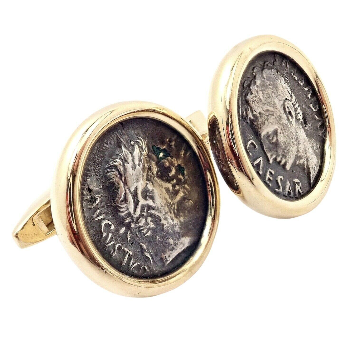 18k Yellow Gold Ancient Coin Cufflinks by Bulgari. 
Measurements: 21.5mm x 21.75mm
Coins: 2x Ancient Coins - 
Caesar Augustus Octavianus 43 BC 14 AD
Weight: 31.4 grams
Stamped Hallmarks: Bvlgari 750
*Free Shipping within the United States*
YOUR