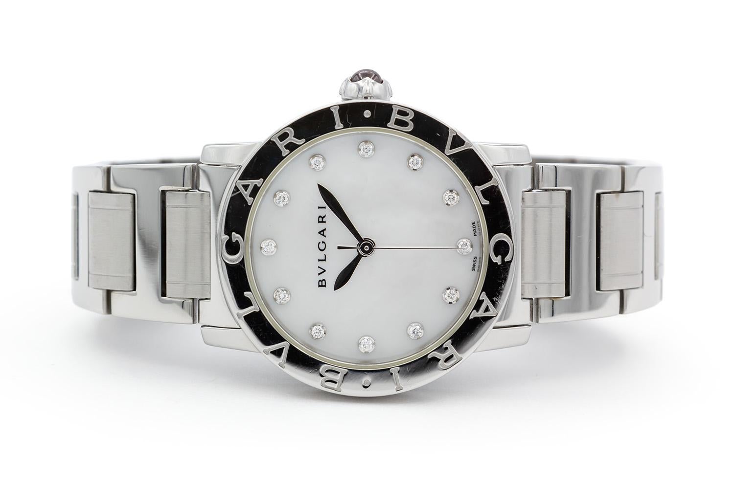We are pleased to offer this Bulgari Bvlgari BBL33S Stainless Steel Automatic Watch. It features a 33mm stainless steel case, white mother of pearl dial with diamond hour markers, stainless steel bracelet and automatic movement. It will fit up to a
