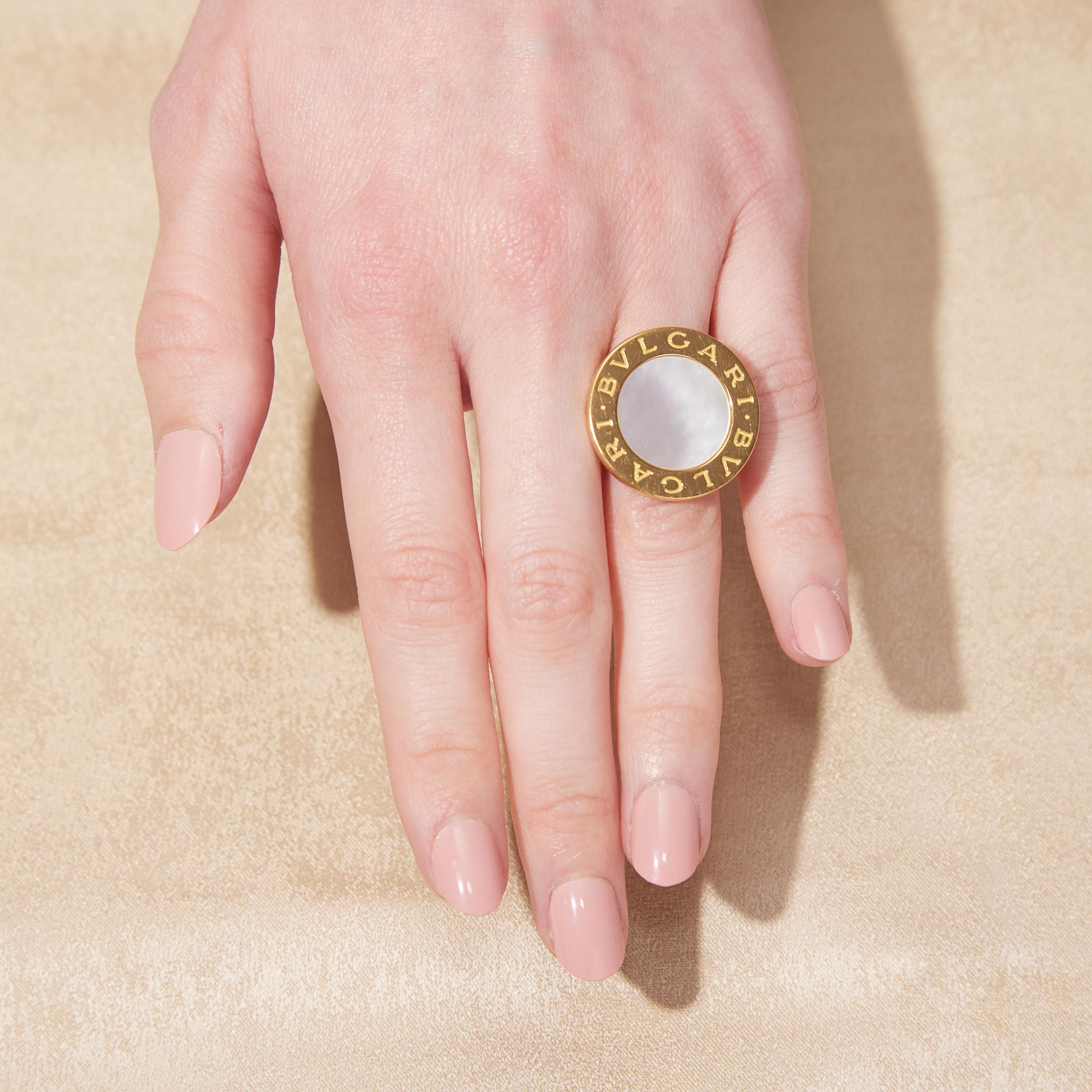 Bulgari 'Bvlgari Bvlgari' Mother of Pearl Large Version Ring in 18K Yellow Gold In Excellent Condition For Sale In Dallas, TX