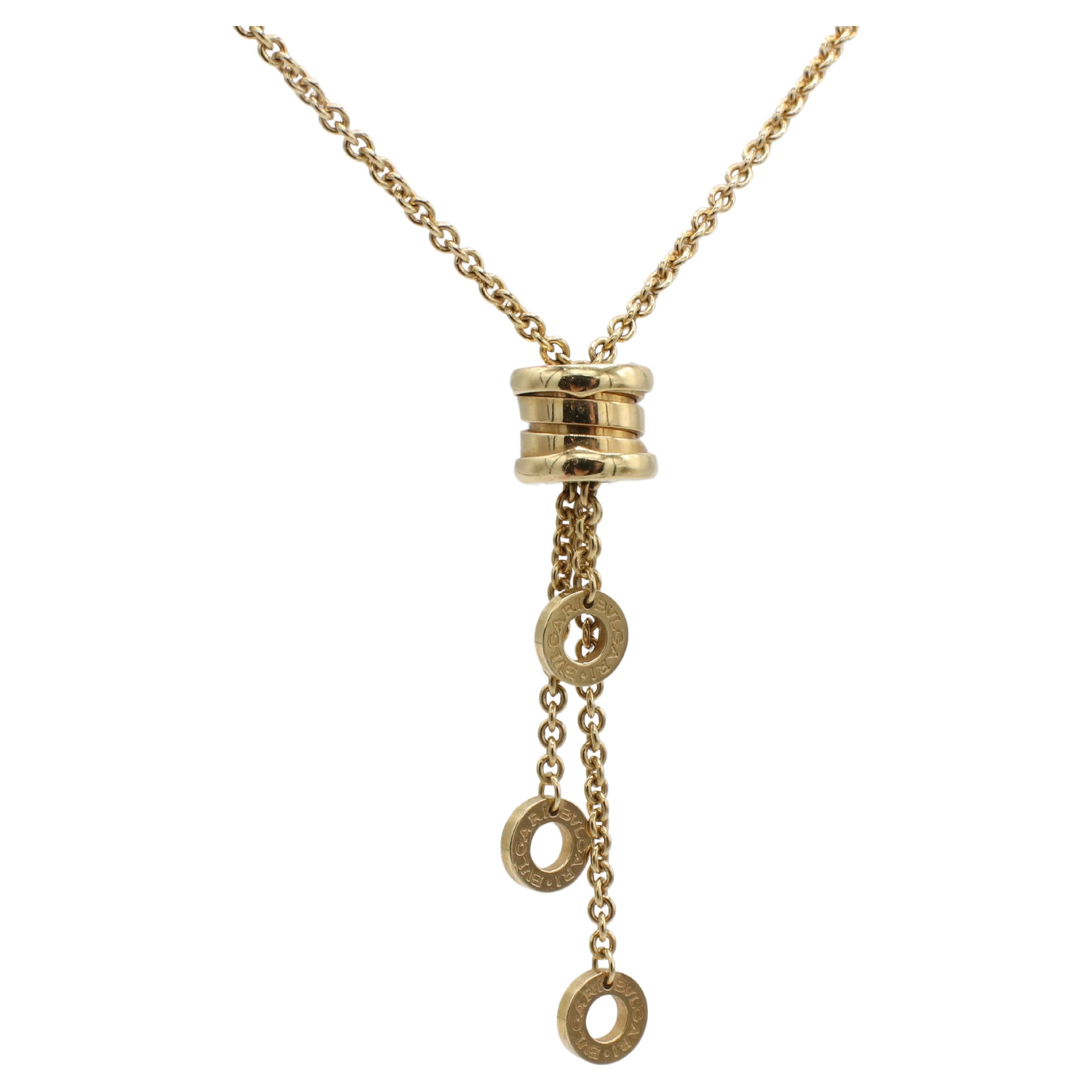 Bulgari Bvlgari B.Zero1 18 Karat Yellow Gold Drop Necklace 
Metal: 18k yellow gold
Weight:  15.39 grams
Length: 17.5 inches
Drop 50mm
Note: Box included (slight blue pen stain in inside top)
