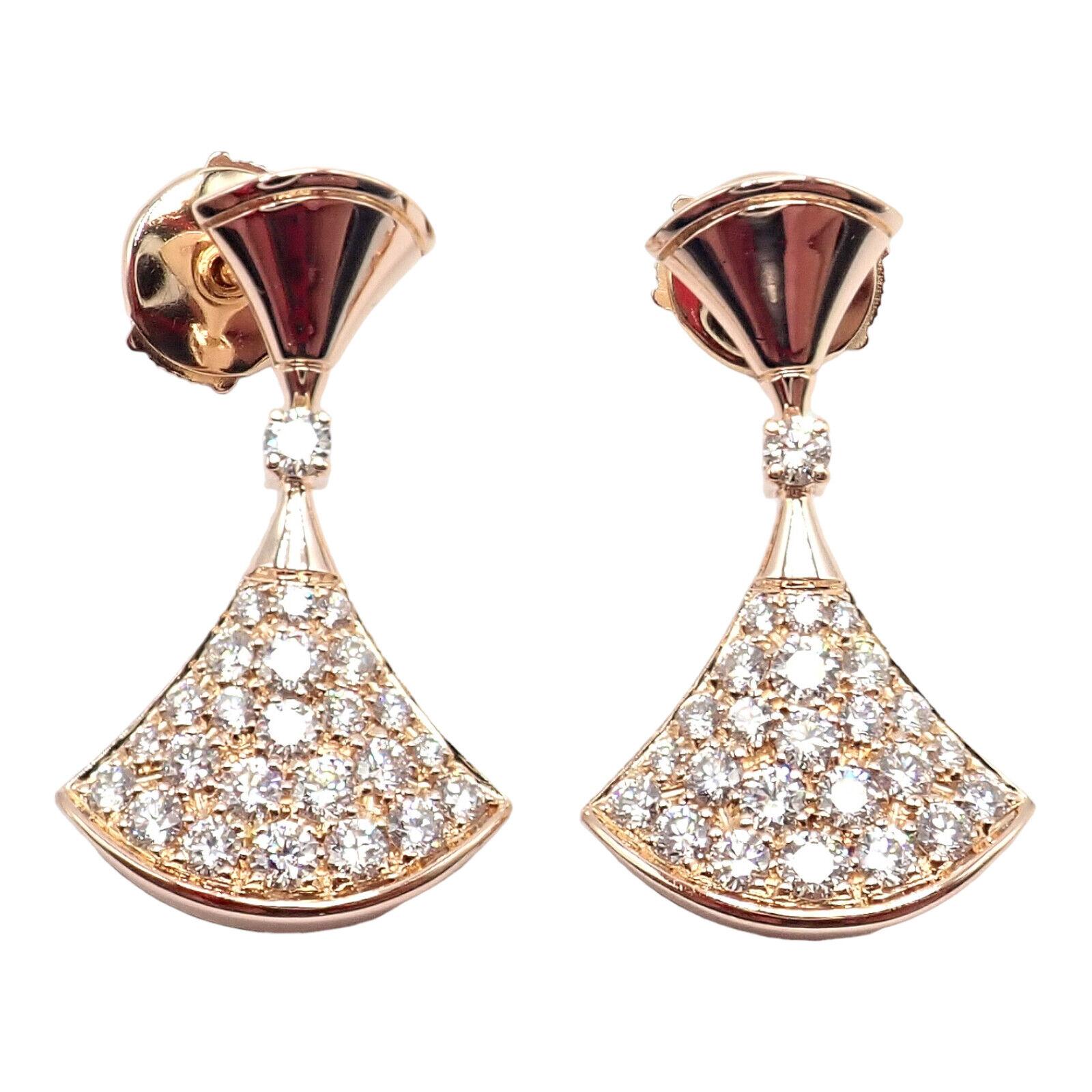 18k Rose Gold Diamond Diva's Dream Drop Earrings by Bulgari. 
With 50 round brilliant cut diamonds VVS1 clarity, E
0.94ctw Diamonds 
These earrings are made for pierced ears.
The Authentic Bulgari Bvlgari 18k Rose Gold Diamond Diva Dream Earrings