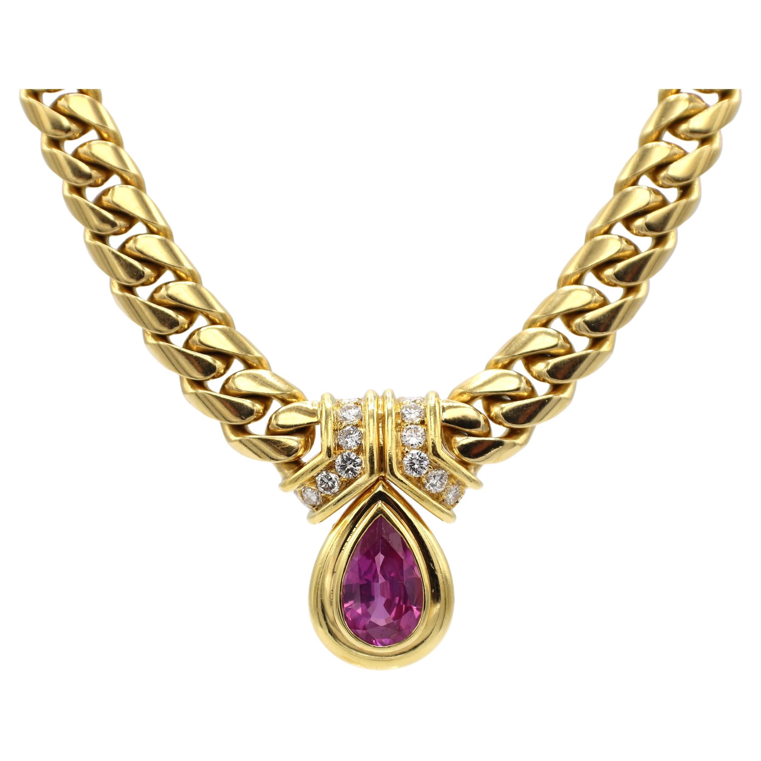 Contemporary Bulgari Bvlgari Gold Natural Pink Sapphire & Diamond Curb Link Chain Necklace