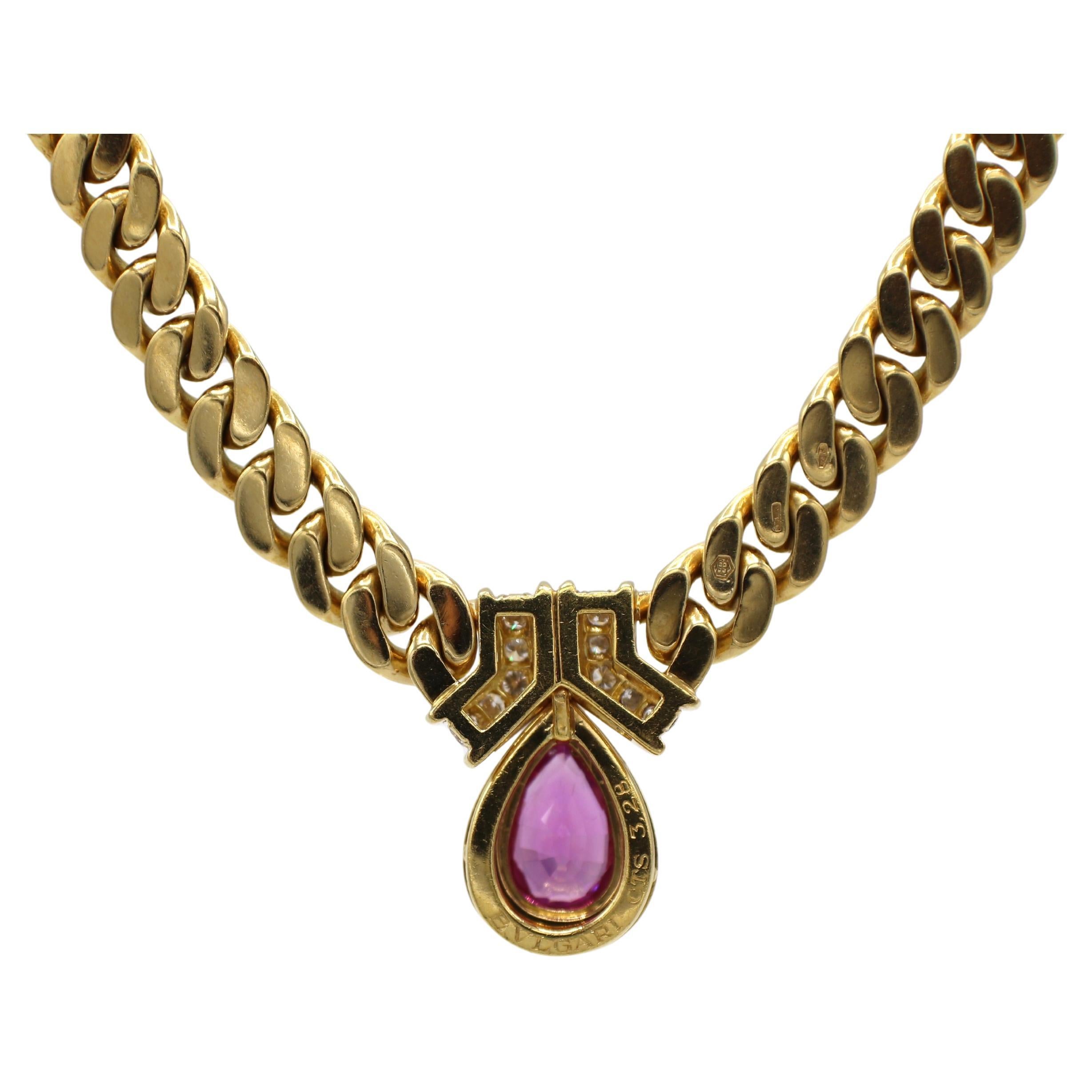 Bulgari Bvlgari Gold Natural Pink Sapphire & Diamond Curb Link Chain Necklace In Excellent Condition In  Baltimore, MD