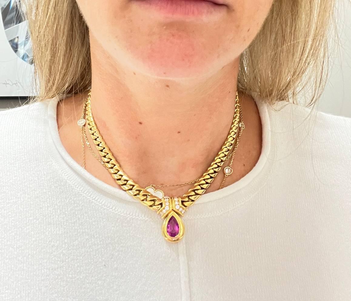 Women's Bulgari Bvlgari Gold Natural Pink Sapphire & Diamond Curb Link Chain Necklace