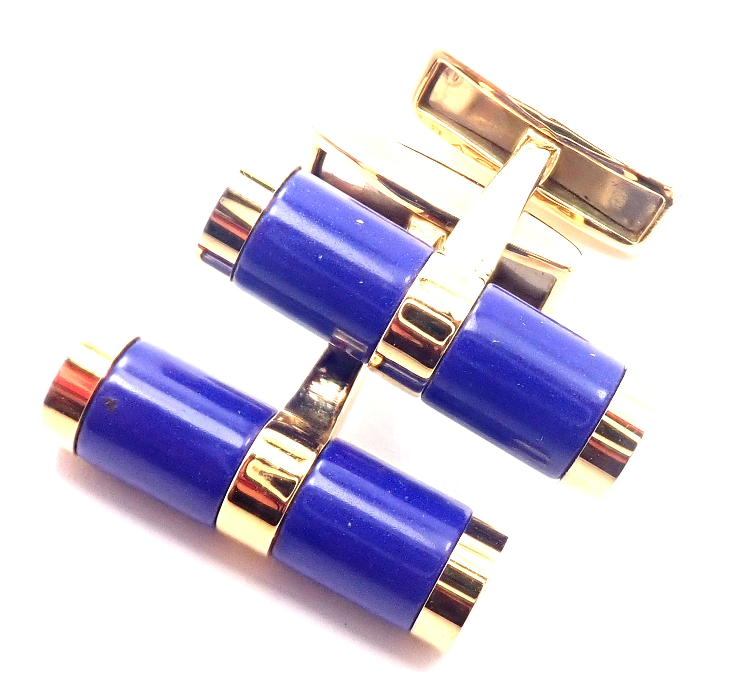18k Yellow Gold Lapis Lazuli Cufflinks by Bulgari. 
With Lapis Lazuli stones. 
Details: 
Measurements: 21mm x 22mm x 15mm
Weight: 14.8 grams
Stamped Hallmarks: Bvlgari 750 Italy
*Free Shipping within the United States*
YOUR PRICE: $2,900
T2855mtdd