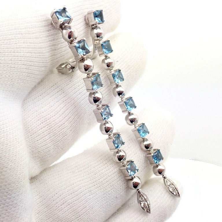 18k White Gold Diamond Lucea Long Aquamarine Drop Earrings by Bulgari. 
12 round brilliant cut diamonds VS1clarity, G color total weight approximately 0.35ctw
12 square aquamarines each 4mm x 4mm, Approx 0.30ctw

******* These earrings are made for