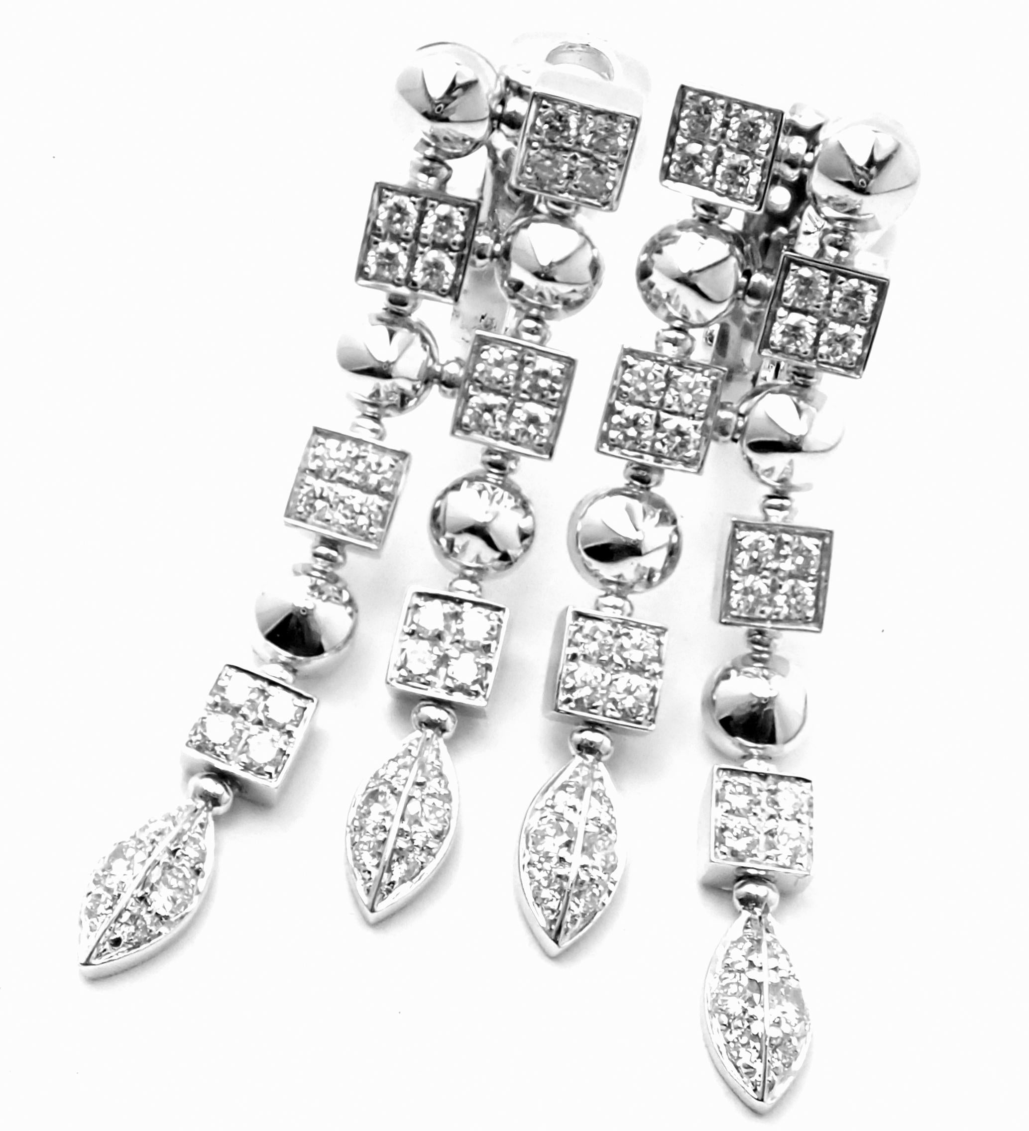 18k White Gold Diamond Lucea Long Drop Earrings by Bulgari. 
72 round brilliant cut diamonds VS1clarity, G color total weight approximately 1.83ct
******* These earrings are made for non pierced ears, but they can be converted by adding