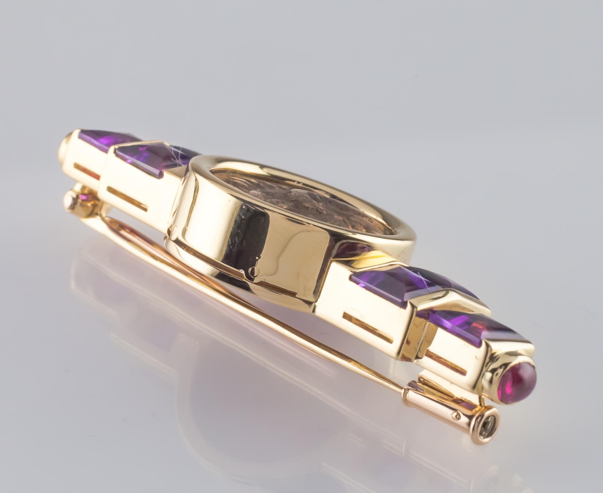 Bulgari Bvlgari Monete Amethyst & Ruby 18k Yellow Gold Ancient Coin Brooch In Excellent Condition In Sherman Oaks, CA