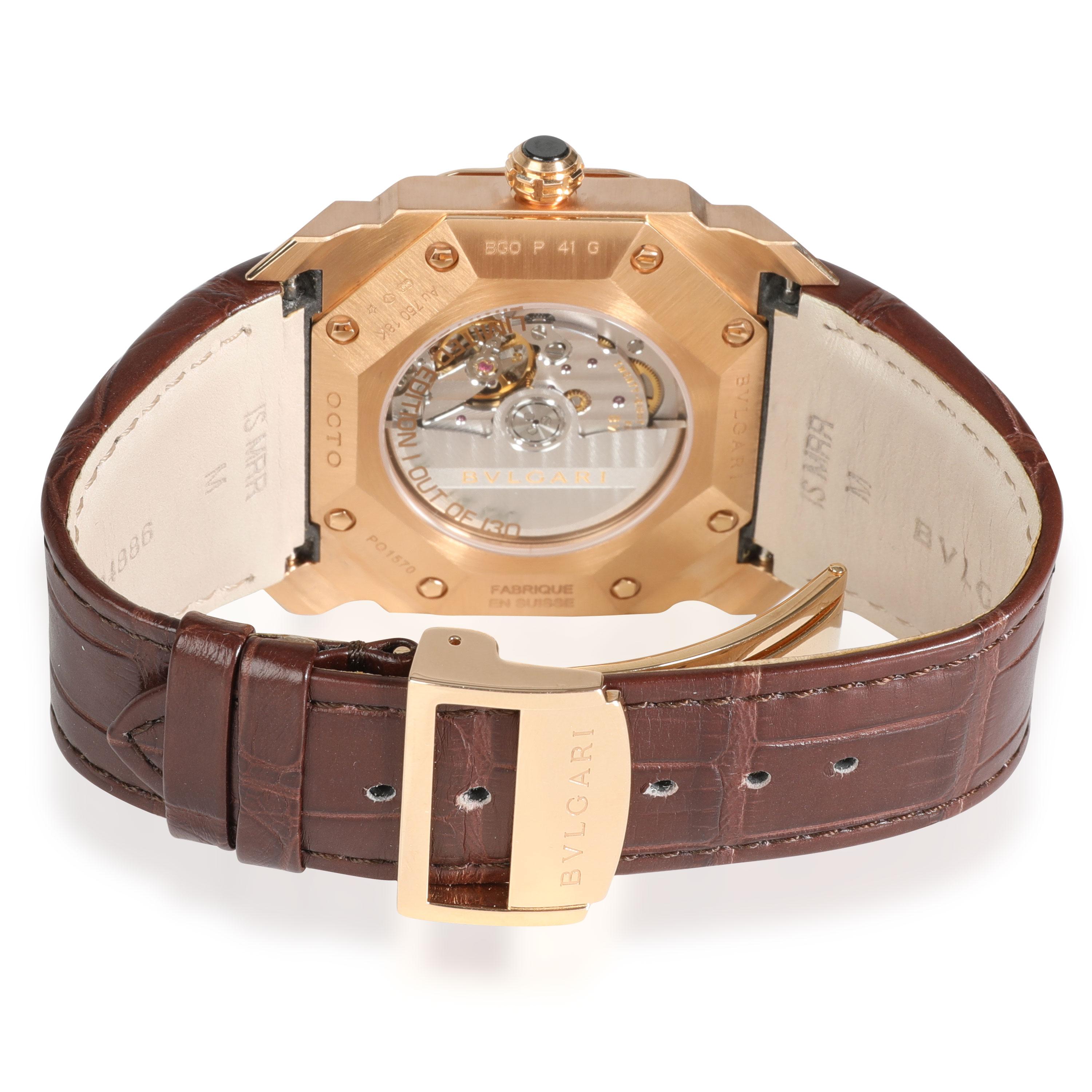 Bulgari Bvlgari Octo 102250 BGO P 41 G Herrenuhr in 18kt Rose Gold

SKU: 112480

PRIMÄRE DETAILS
Marke:  Bulgari
Modell: Bvlgari Octo
Herkunftsland: Schweiz
Uhrwerk Typ: Mechanisch: Automatik/Kinetik
Jahr der Herstellung: 
Herstellungsjahr:
