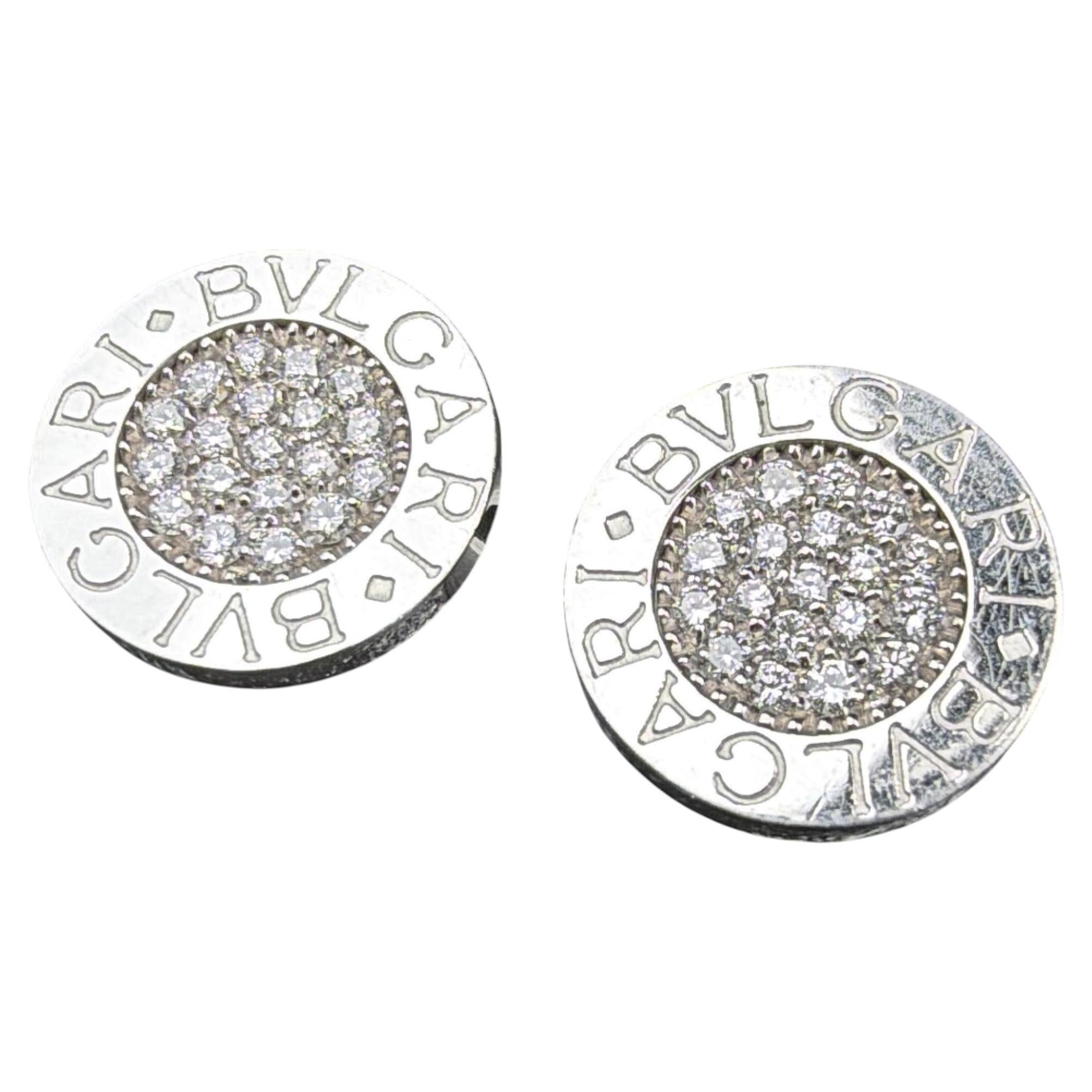 Bulgari Bvlgari Pave Diamond Circle Disc Stud Earrings 18k White Gold Box 6.1g For Sale