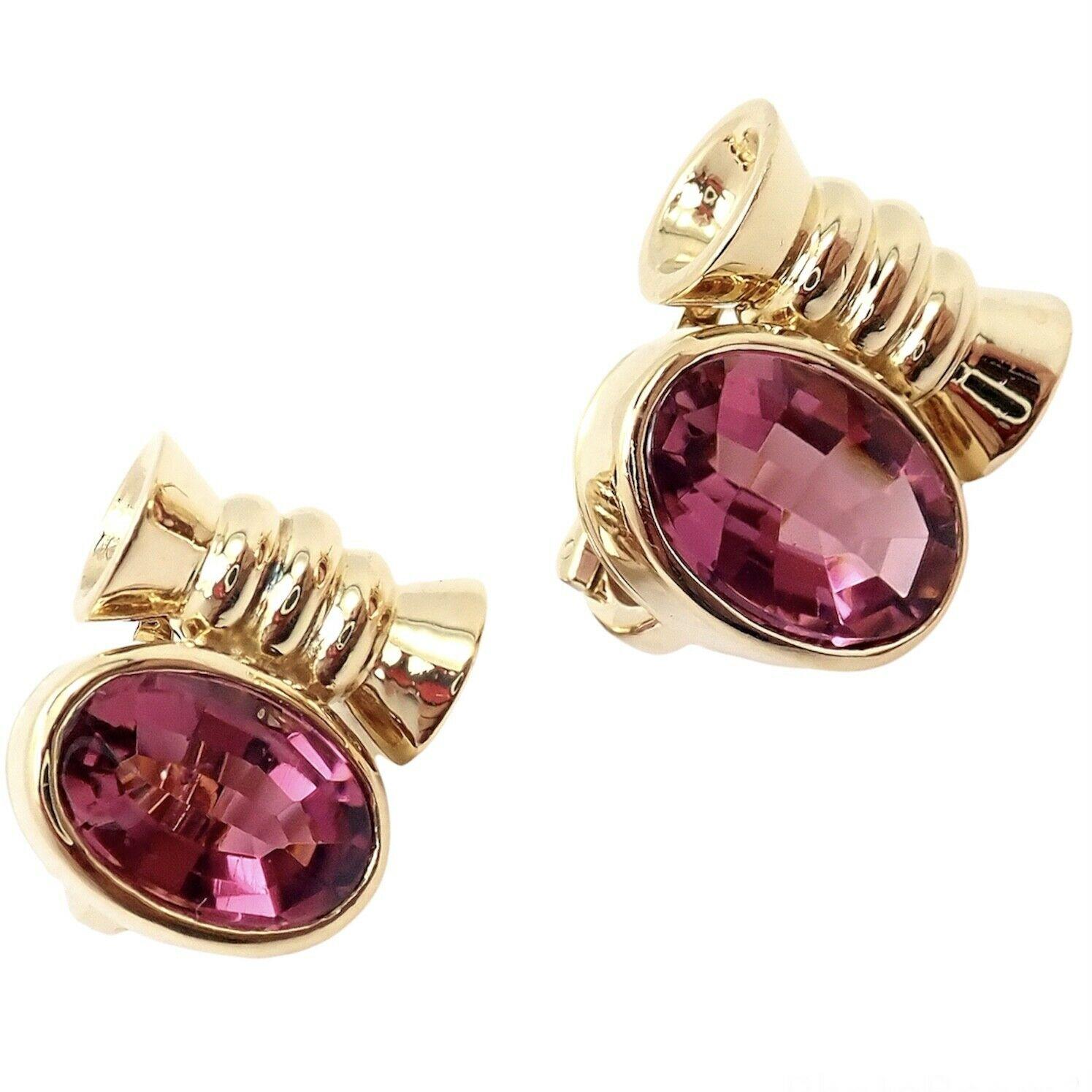 18k Yellow Gold Pink Tourmaline Earrings by Bulgari. 
With 2x round brilliant cut intense pink tourmalines total weight approximately 
2.60ctw
Each tourmaline is 12mm x 9mm x 2mm
These earrings are made for pierced ears.
Details:
Measurements:  14mm