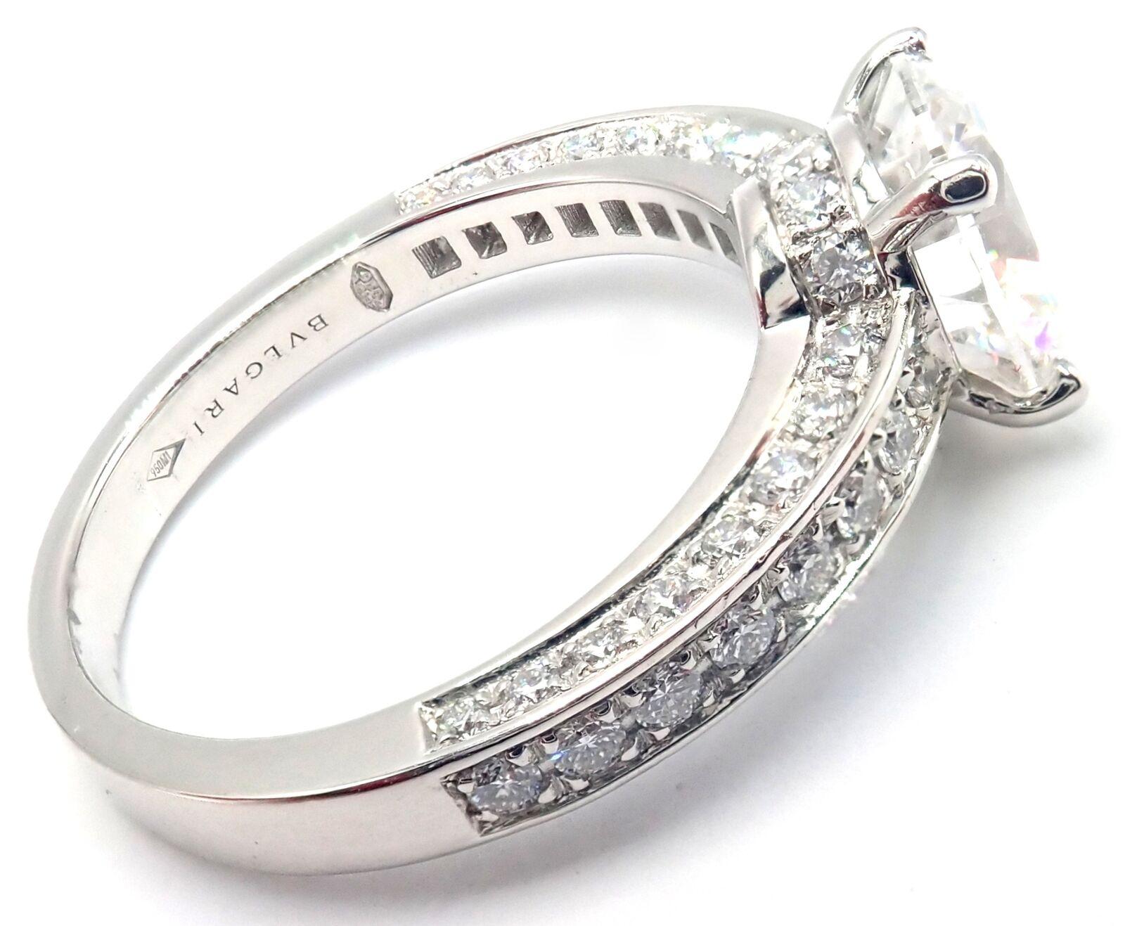 Platinum Diamond Solitaire Engagement Ring by Bulgari. 
With 1 Round brilliant cut diamond total weight approximately 2.08ct F/VS1
Round brilliant cut diamonds VS1/E color total weight approximately 1.96ct
This ring comes with GIA certificate number