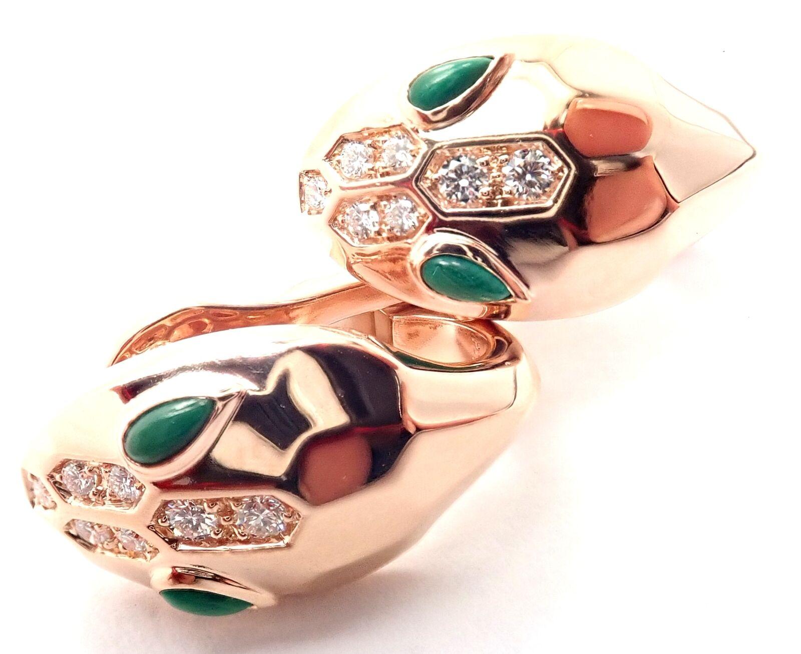 18k Rose Gold Diamond Malachite Serpenti Earrings by Bulgari. 
With 14x round brilliant cut diamonds VS1 clarity, G color total weight approx. .42ctw
4 malachite stones.
These earrings come with Bulgari Box.
These earrings are for pierced