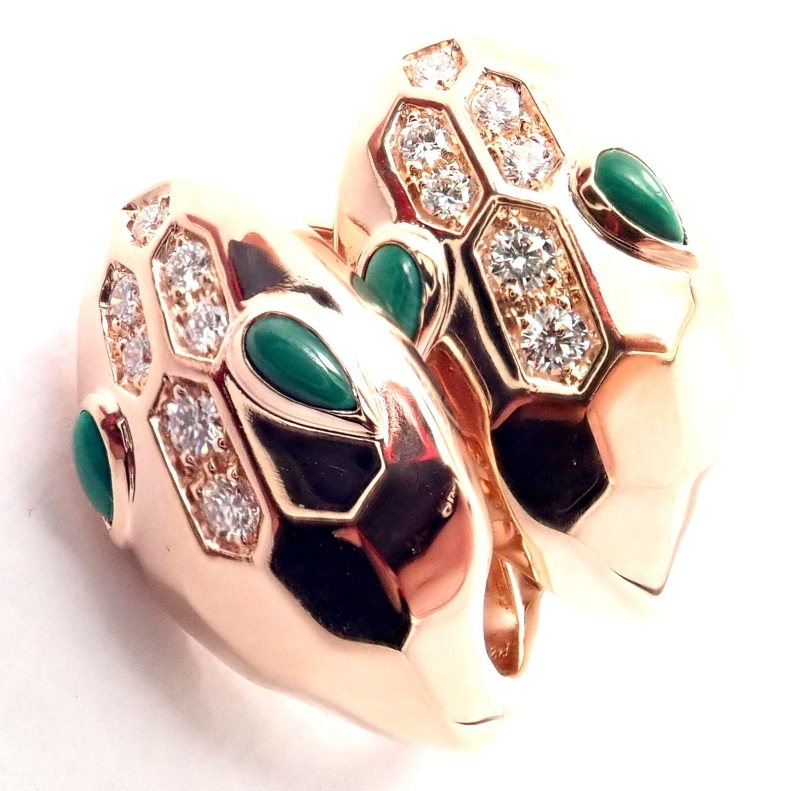 Brilliant Cut Bulgari Bvlgari Serpenti Diamond Malachite Rose Gold Earrings