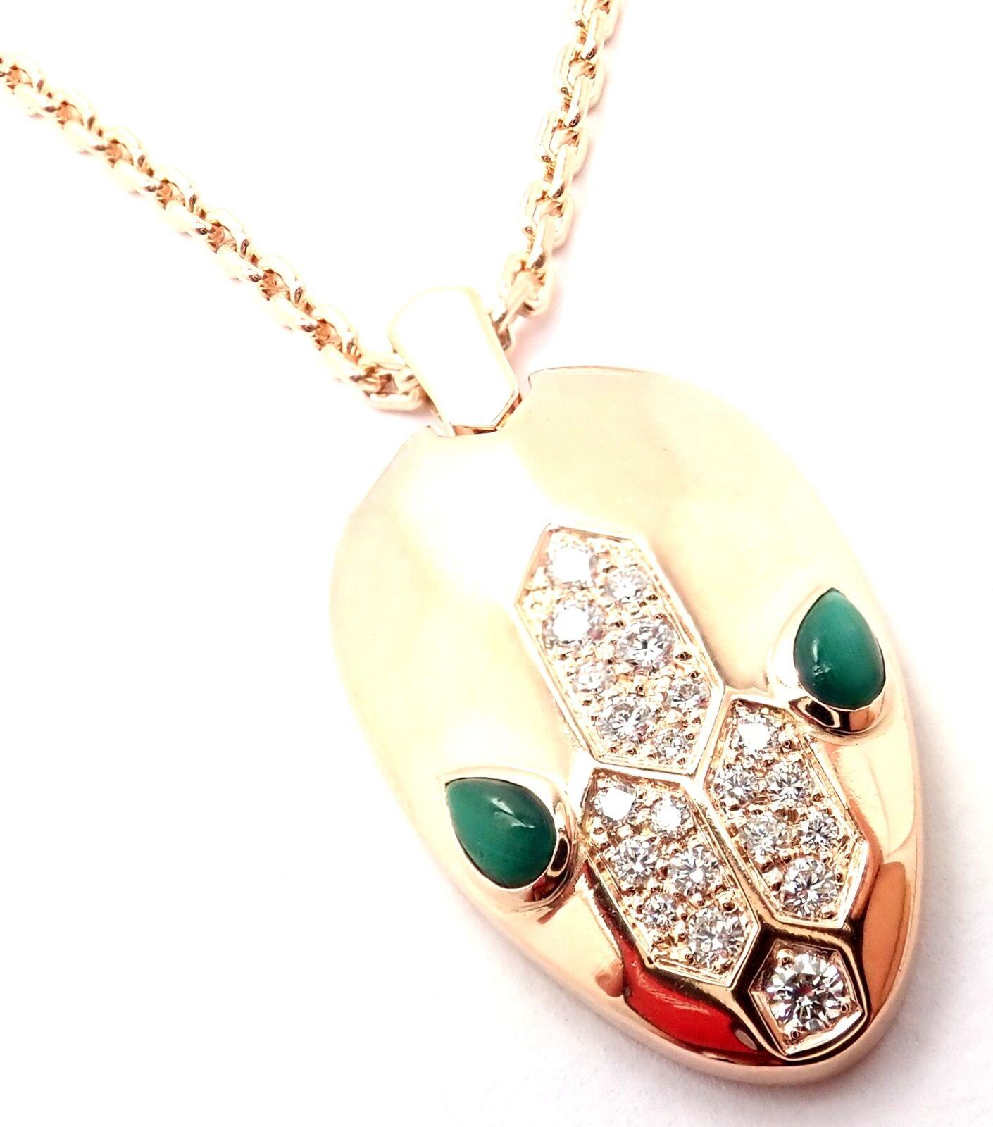18k Rose Gold Diamond Malachite Serpenti Pendant Necklace by Bulgari. 
With 21x round brilliant cut diamonds VS1 clarity, G color total weight approx. .21ct
2 malachite stones
This necklace comes with Bulgari Box.
Details:
Chain Length:
