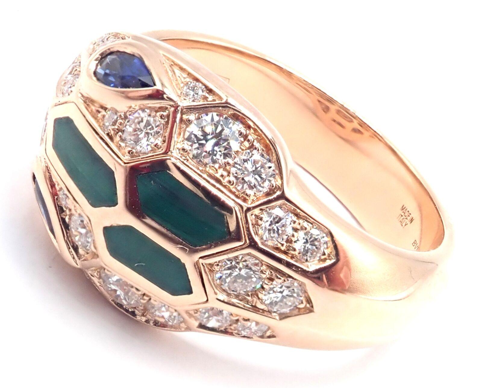 18k Rose Gold Diamond Malachite Serpenti Ring by Bulgari. 
With Round brilliant cut diamonds VS1 clarity, G color total weight approximately .38ct
Sapphires total weight approximately .21ct
Malachite stones
his necklace come with service paper from