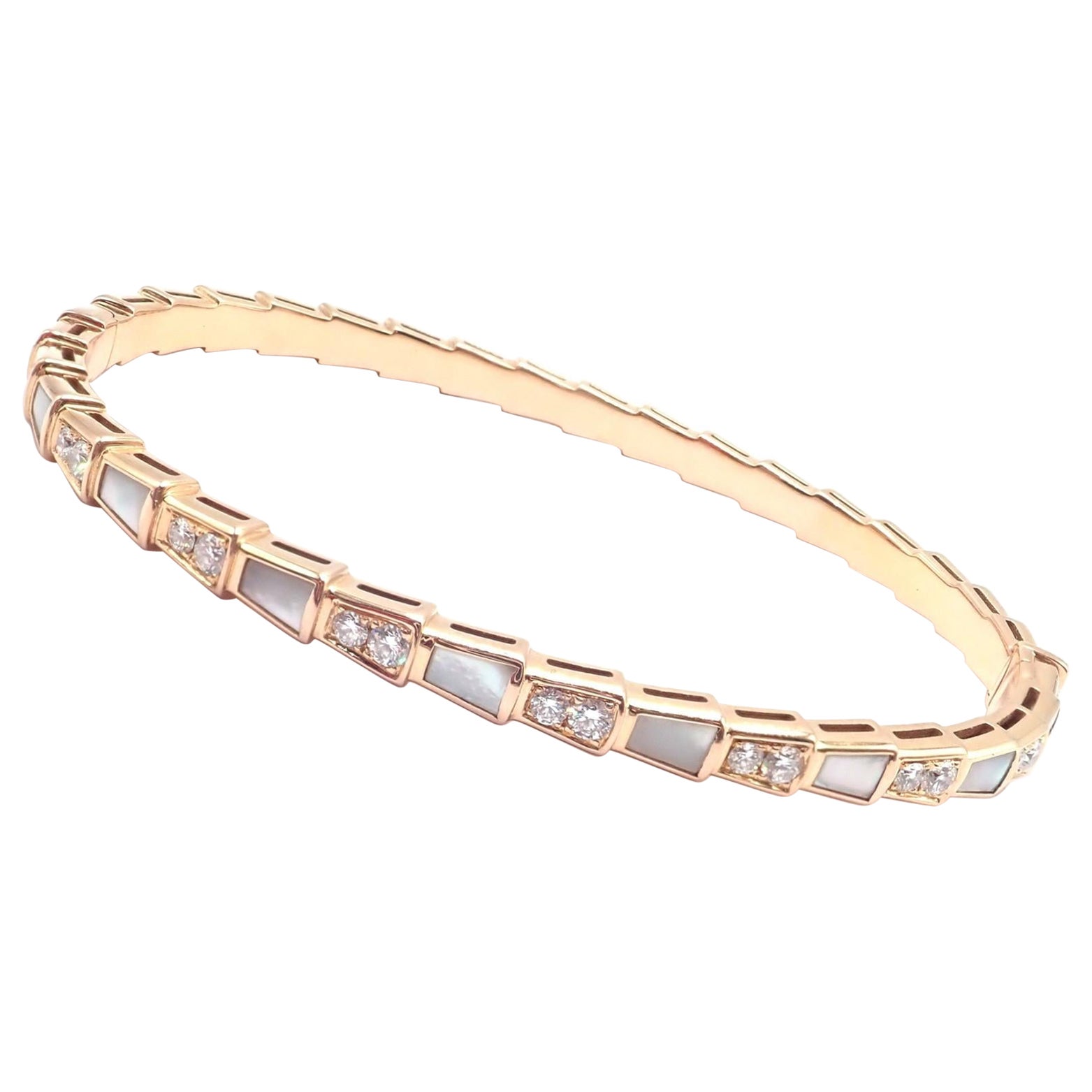 Bulgari Bvlgari Serpenti Viper Diamond Mother Of Pearl Gold Bangle Bracelet For Sale