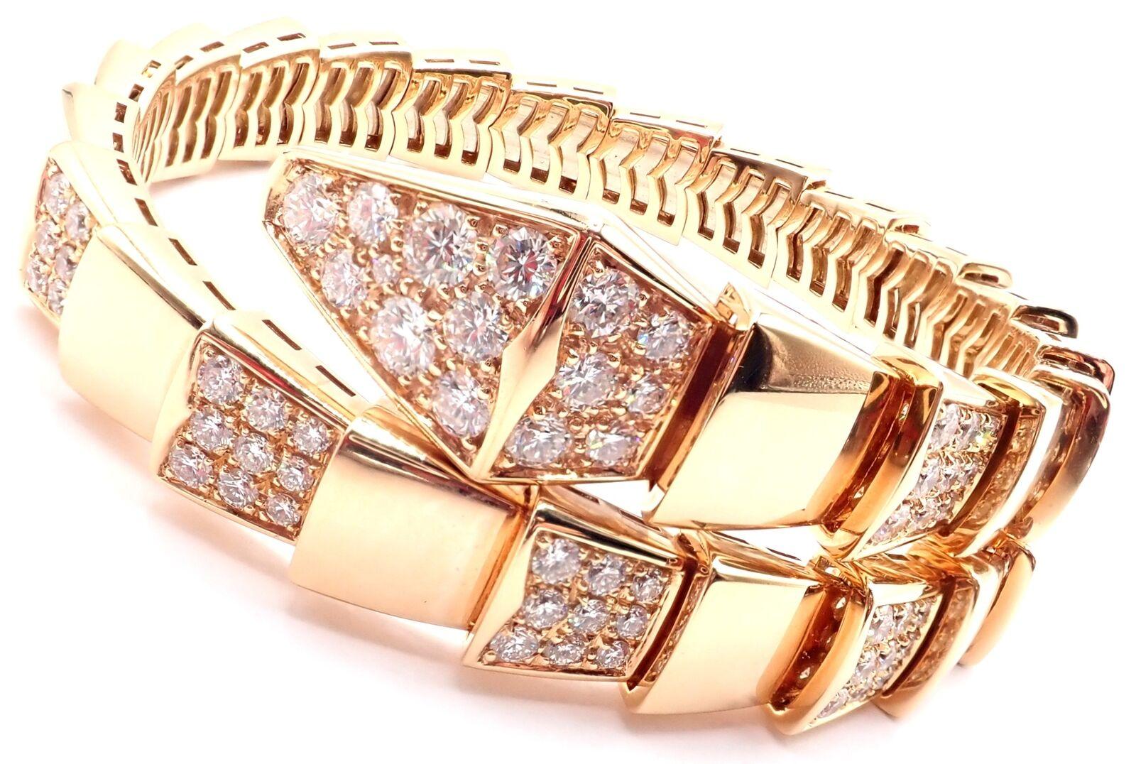 18k Rose Gold Diamond Serpenti Viper Snake Bangle Bracelet by Bulgari. 
With 127 round brilliant cut diamonds VVS1 clarity, E color total weight approximately 7ct.
Details:
Size: Size Medium, 17cm, 6.7