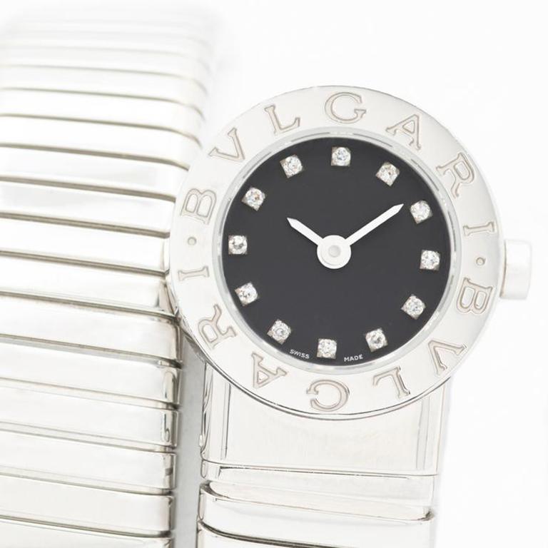 A winding metal snake with twelve diamond eyes might sound like the kind of thing you would hear about in the lyrics of Jim Morrison. But that is the imagery that this vintage stainless-steel Bvlgari watch evokes. Utilizing its landmark Tubogas