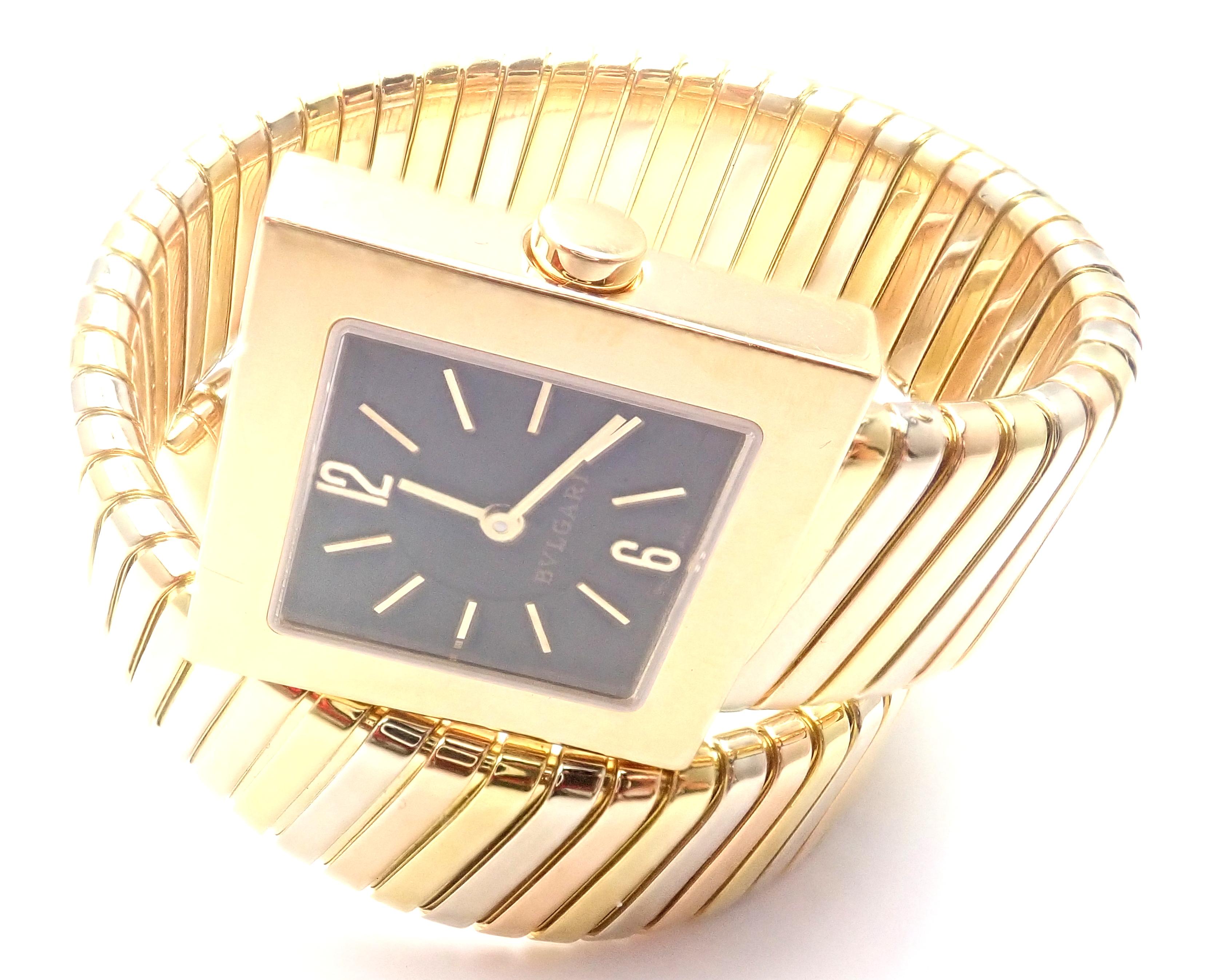 Bulgari lady's 18k tri-color gold (yellow, white, rose) Tubogas serpent bracelet watch. 
This watch comes with Bulgari certificate of authenticity and a box.
Details:
Model: SQ 22 1T
Movement Type: Quartz
Case Size: 20mm x 20mm
Crystal: Anti-glare