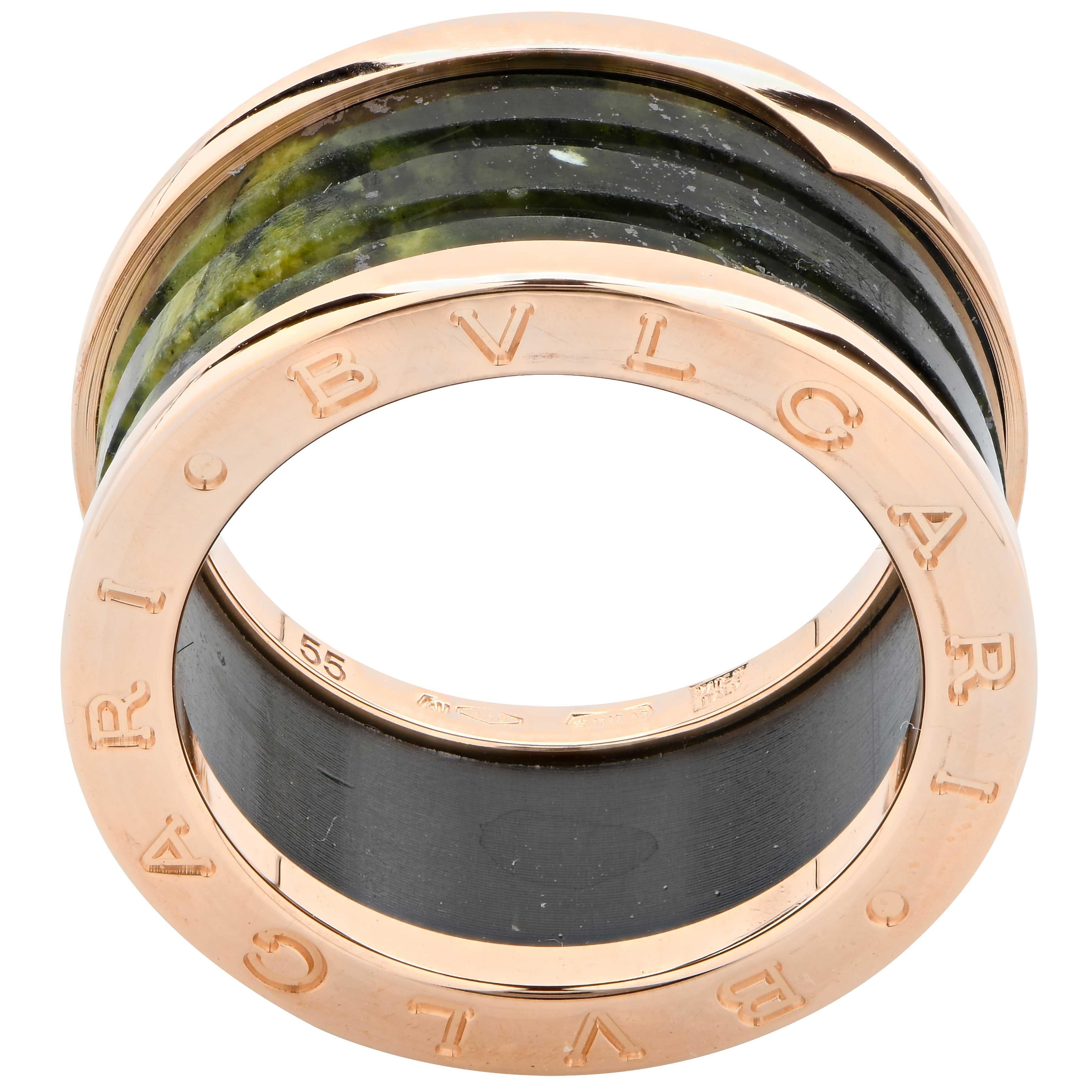 Bugari B.Zero Marble and18 Karat Rose Gold Ring.
Ring Size: 7 (Cannot Be Sized)
Metal: Rose Gold
Metal Weight: 8.1 grams
