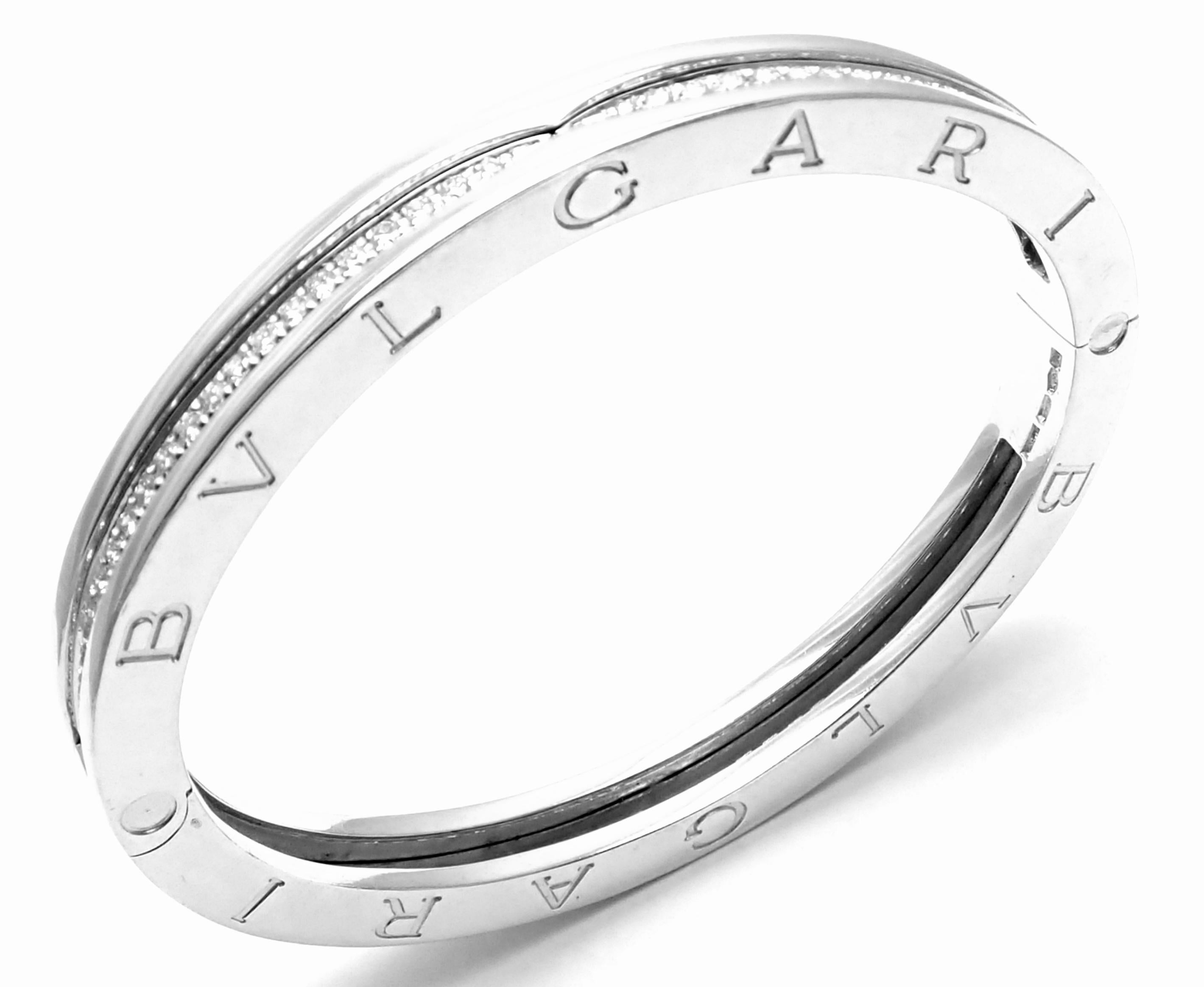 18k White Gold BB.Zero1  B-Zero Diamond Bangle Bracelet by Bulgari. 
With Round brilliant cut diamonds VVS1 clarity, E color total weight approx. 2.5ct
Details: 
Weight: 50.6 grams
Length: Size Medium, 7