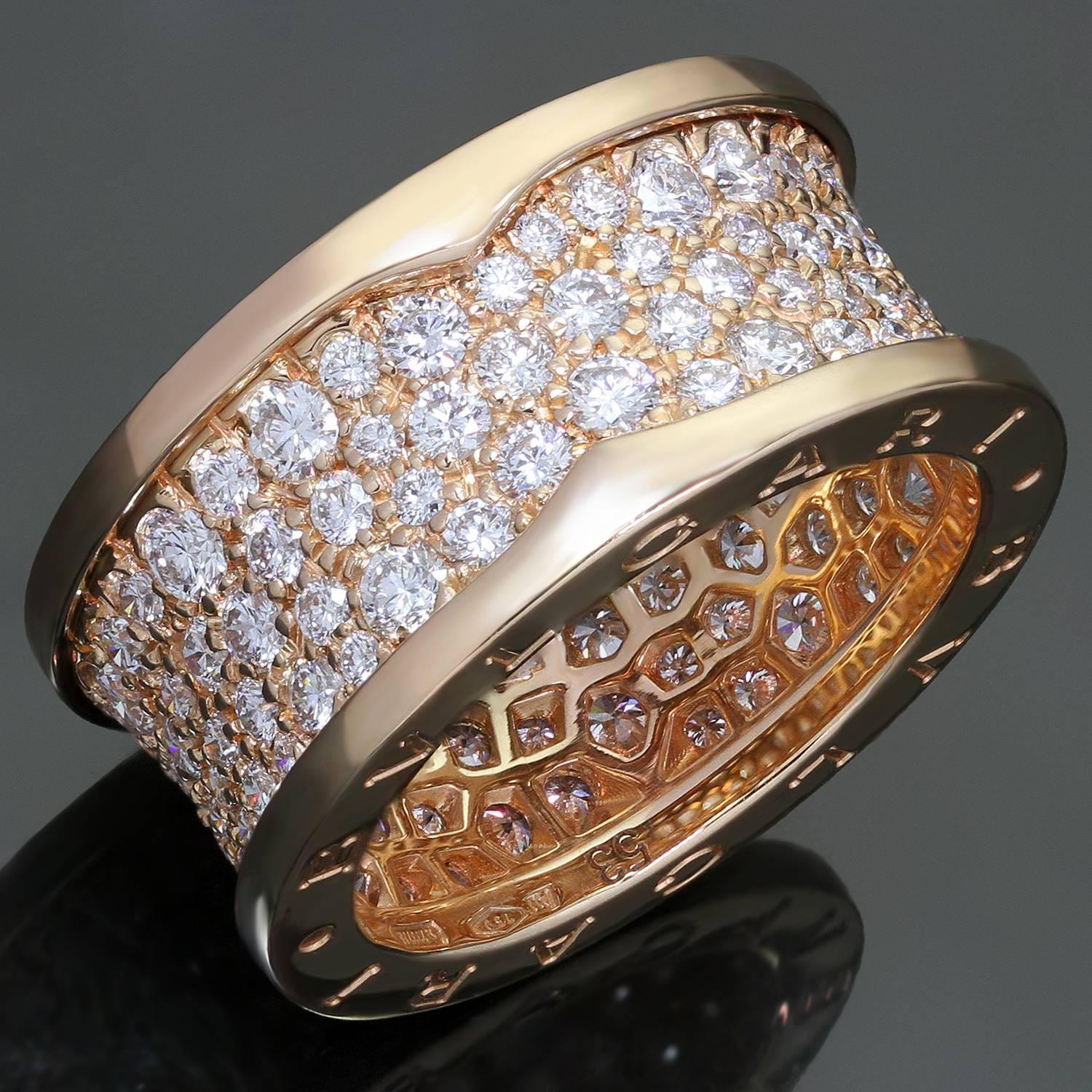This fabulous ring from Bulgari's iconic B.zero1 collection features a single band design crafted in 18k rose gold, engraved with the Bvlgari logo on both sides and pave-set with sparkling brilliant-cut round diamonds of an estimated 2.80 carats.