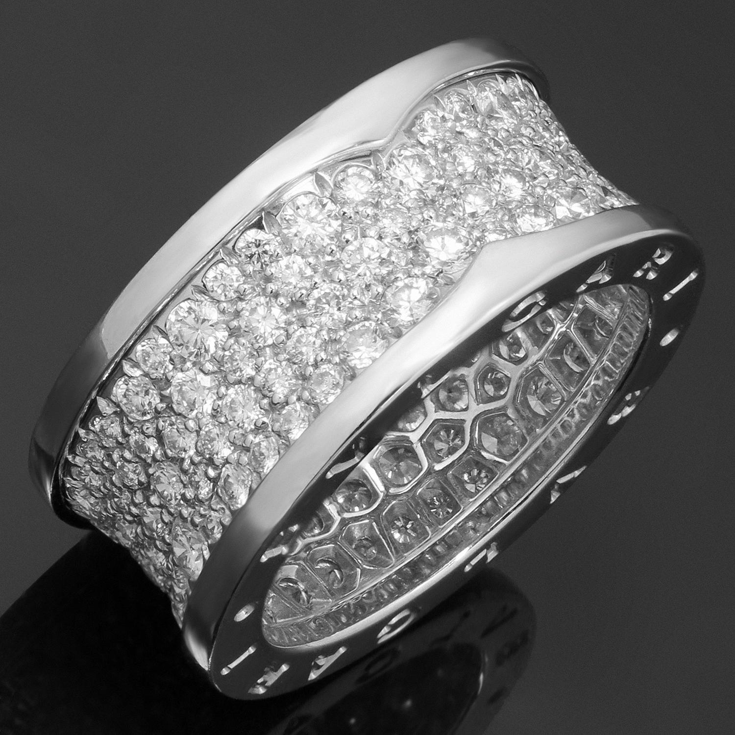 This fabulous ring from Bulgari's iconic B.zero1 collection features a single band design crafted in 18k white gold, engraved with the Bvlgari logo on both sides and pave-set with sparkling brilliant-cut round D-F VVS2-VS1 diamonds of an estimated