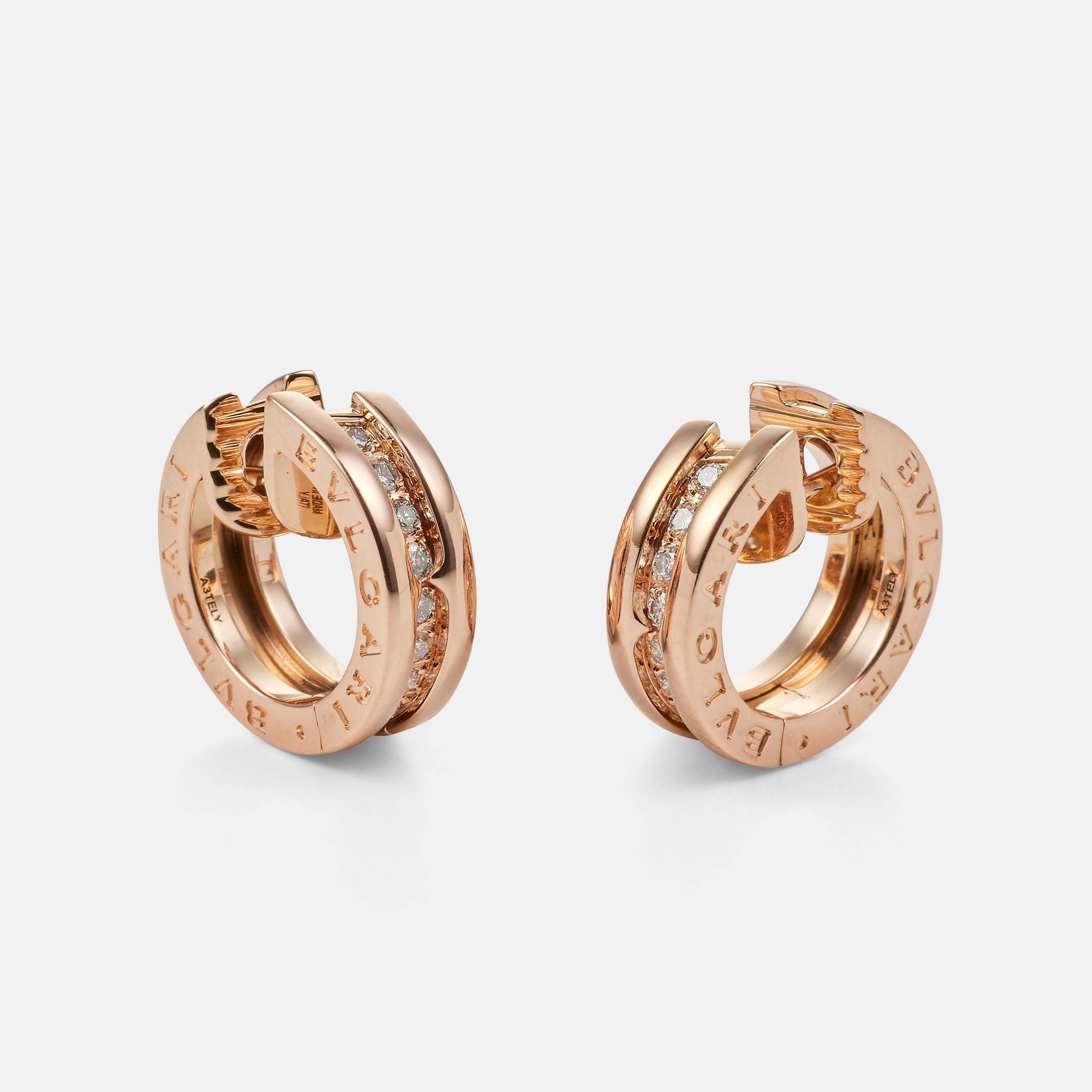 BVLGARI B.Zero1 earrings in 18k rose gold and diamonds. 
Original price: €6,200.
Diameter: 1.5 cm.
Diamond weight: 0.18 carats. 
Total weight: 8.66 g.
Bvlgari signature and hallmarks. 
Sold with their Bvlgari case. 