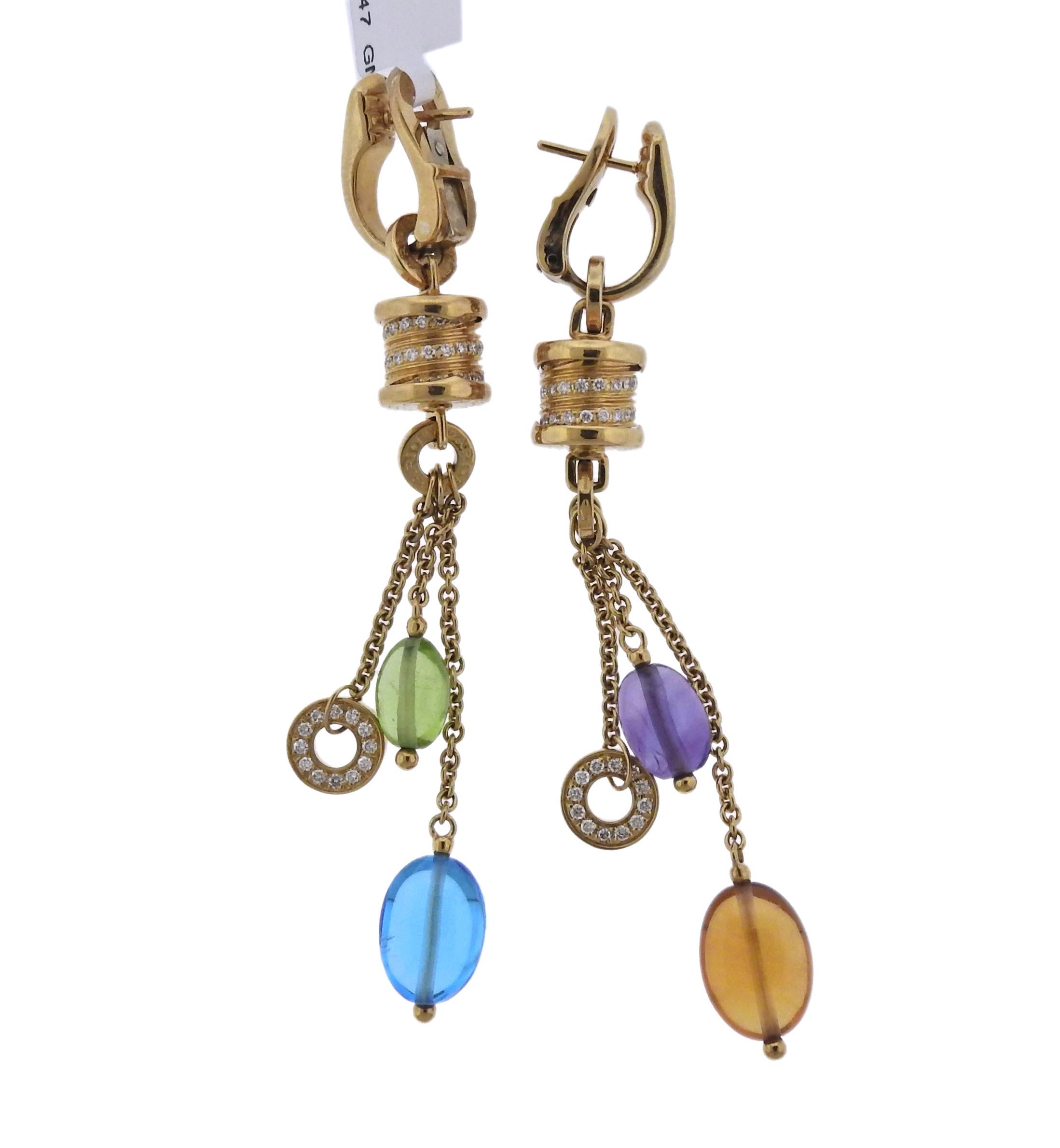18k yellow gold drop earrings, crafted by Bulgari for B.Zero1 collection, featuring approx. 0.44ctw in G/VS diamonds, topaz, citrine, peridot and tourmaline gemstones.  Earrings are 77mm long, weigh 22.3 grams. Marked: Bvlgari, 750, Italian mark.