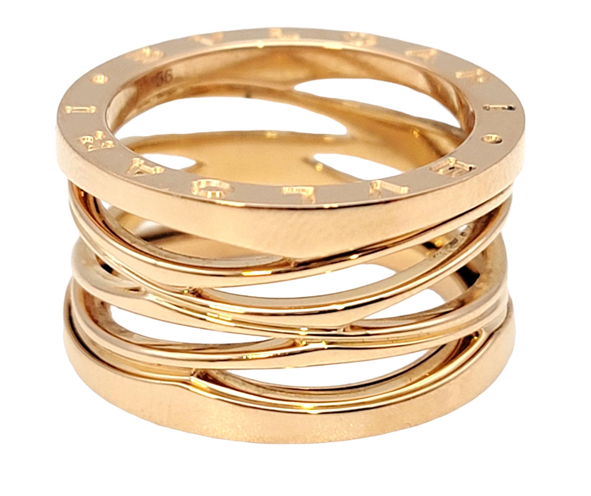 Ring size: 7.5

Chic designer ring by Italian luxury brand, Bulgari. This B.ZERO1 collection ring is expertly designed with a clean, contemporary feel. We love the polished rose gold finish and how it gives the illusion of multiple stacking rings