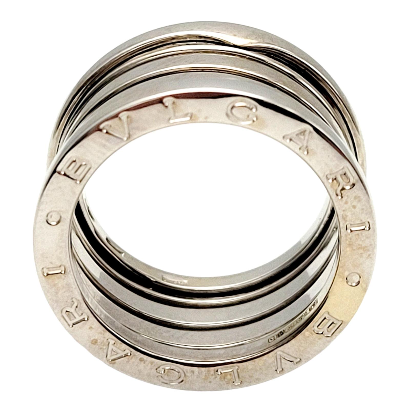 Contemporary Bulgari B.Zero1 Logo Etched Wide Modern Band Ring 18 Karat White Gold For Sale