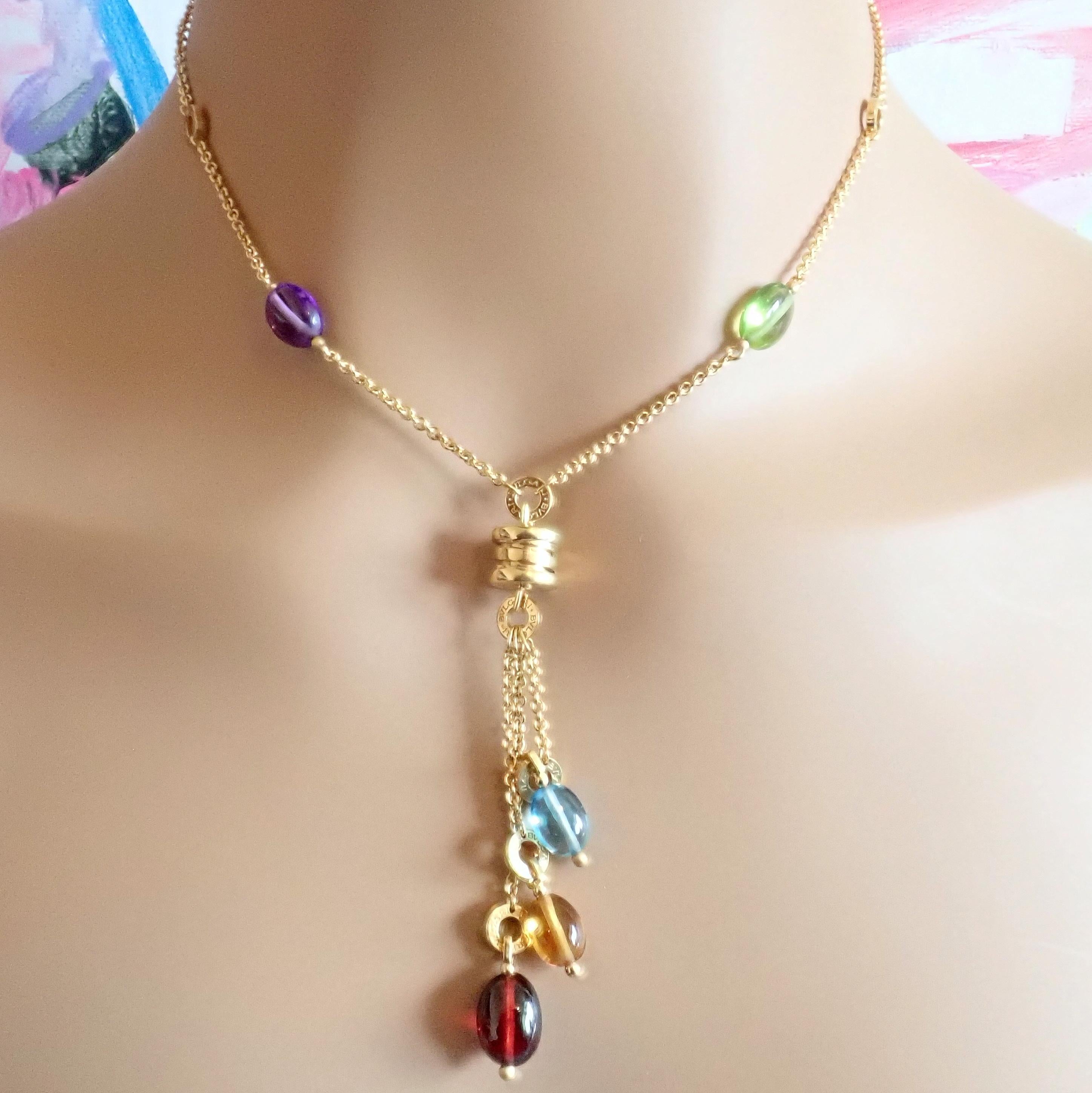 18k Yellow Gold Peridot, Amethyst, Blue Topaz, Citrine, and Garnet Pendant B.Zero1 Necklace by Bulgari. 

Details: 
Length Can be Worn: 15.5