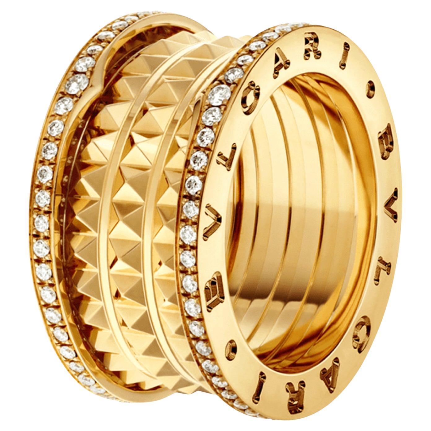 Bulgari B.zero1 Rock Four-Band Studded Spiral With Pave Diamonds Ring 18K Yellow in vendita
