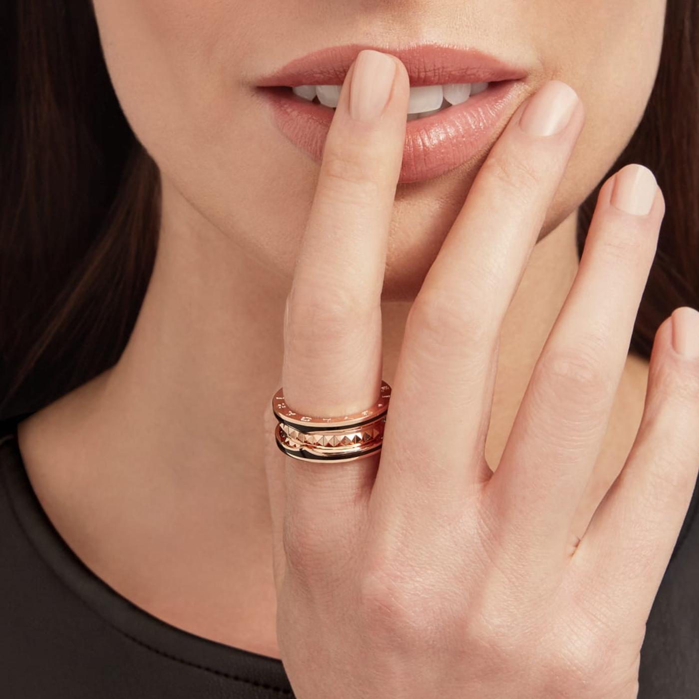 Bulgari B.zero1 Rock Two-Band Studded Spiral Black Ceramic Ring 18K Rose Gold For Sale 8