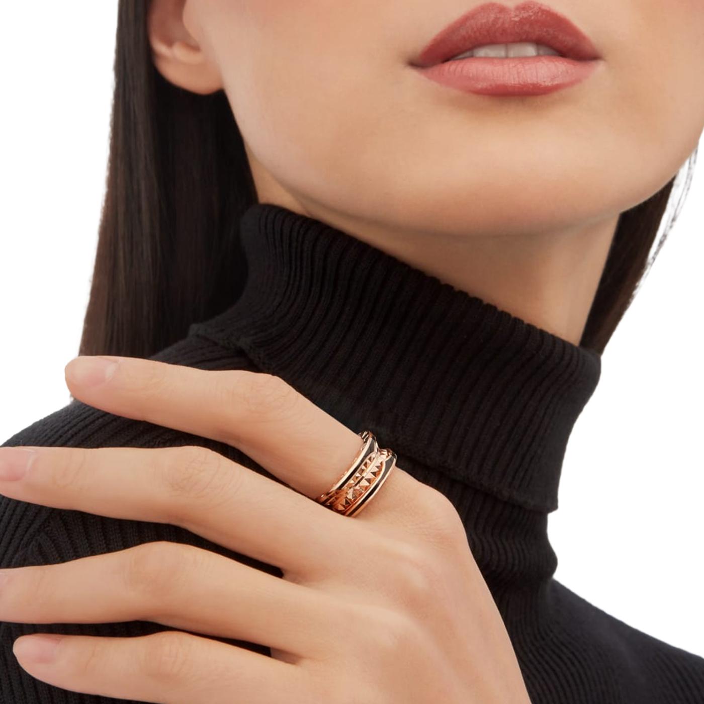 Bulgari B.zero1 Rock Two-Band Studded Spiral Black Ceramic Ring 18K Rose Gold For Sale 9