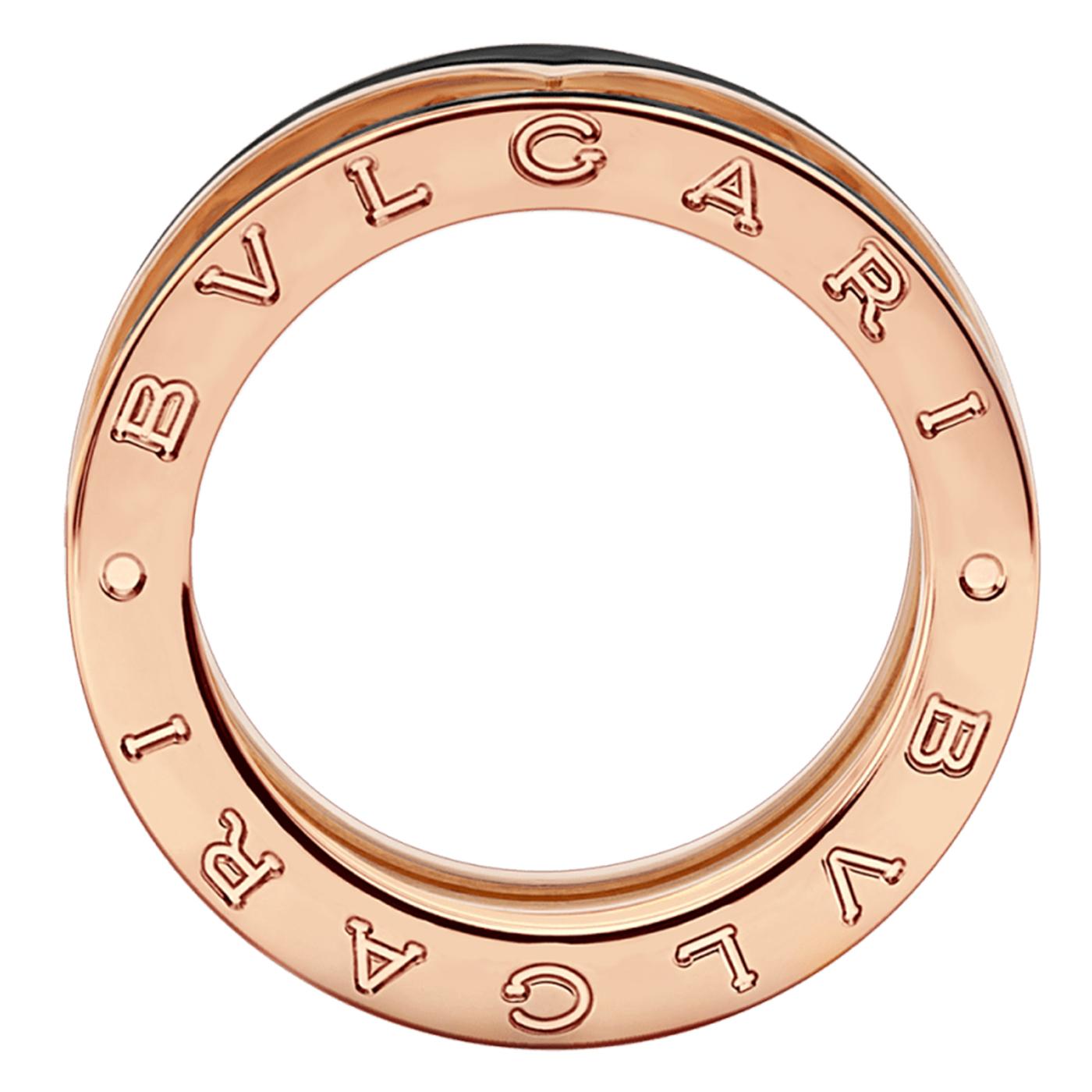 Bulgari B.zero1 Rock two-band ring in 18 kt rose gold with studded spiral and black ceramic inserts on the edges. Drawing its inspiration from the world’s most renowned amphitheater, the Colosseum, B.zero1 Rock is a groundbreaking statement of