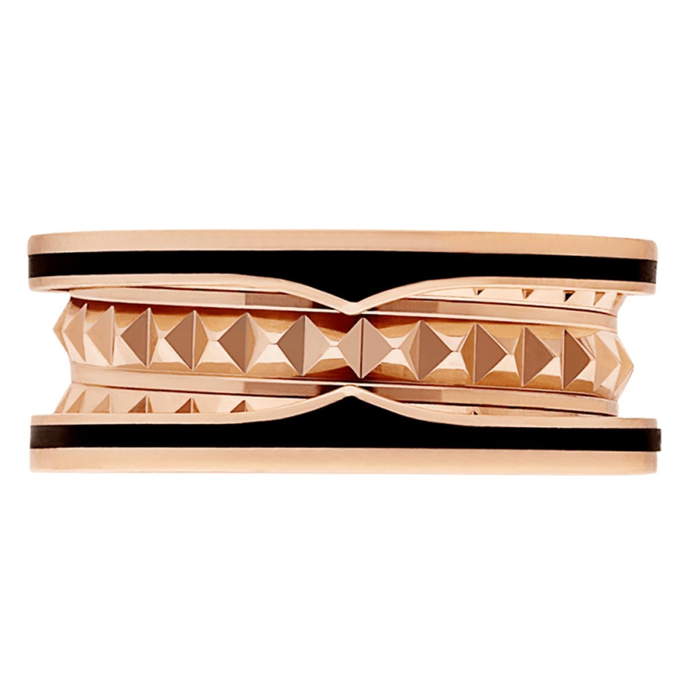 Modernist Bulgari B.zero1 Rock Two-Band Studded Spiral Black Ceramic Ring 18K Rose Gold For Sale