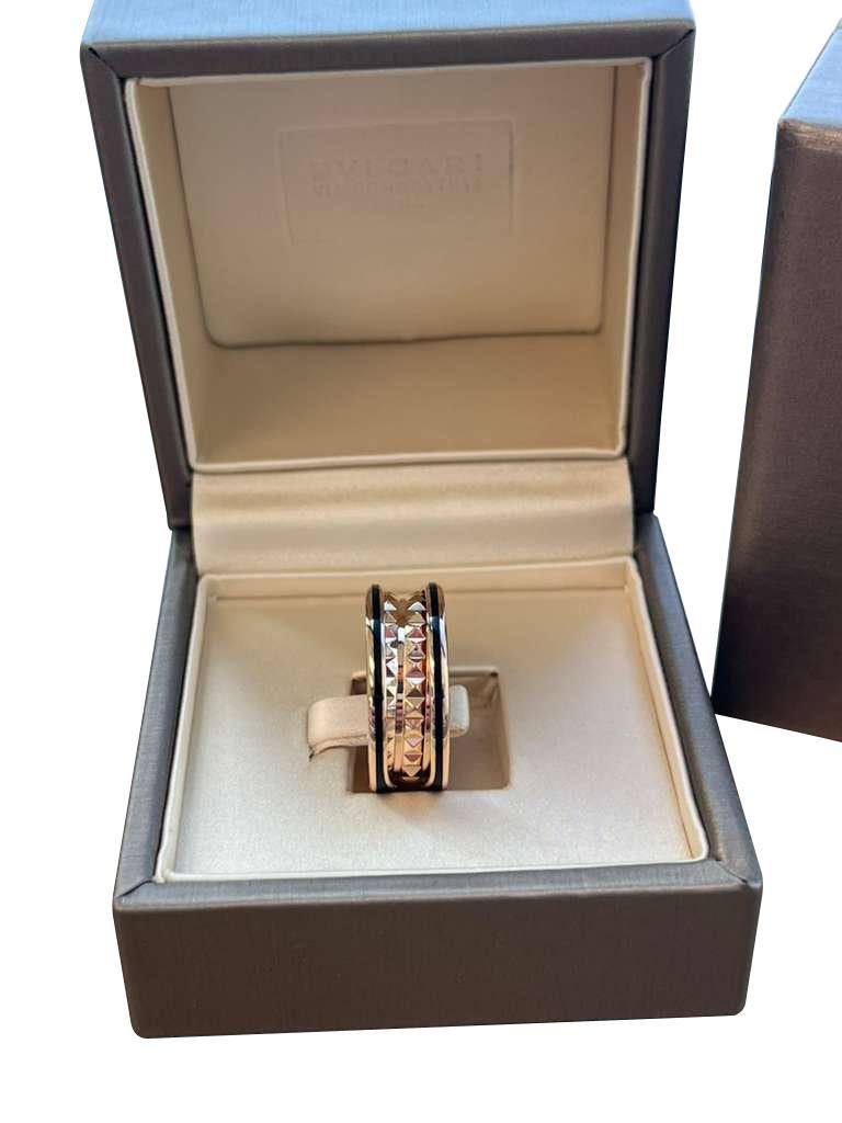 Bulgari B.zero1 Rock Two-Band Studded Spiral Black Ceramic Ring 18K Rose Gold For Sale 1
