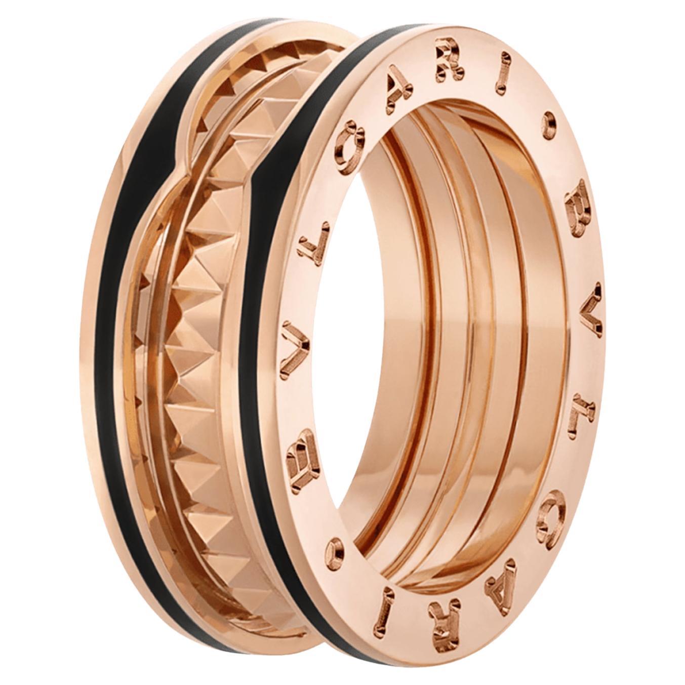 Bulgari B.zero1 Rock Two-Band Studded Spiral Black Ceramic Ring 18K Rose Gold For Sale