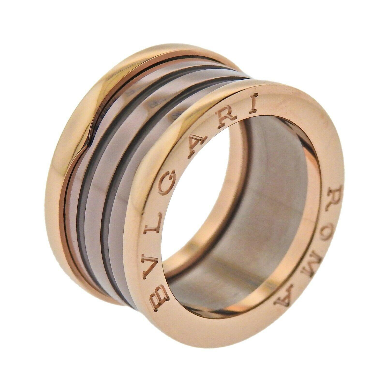 New 18k rose gold and bronze ceramic B.Zero1 Roma band ring by Bvlgari, in size 55.  Retail $1700. With box/papers. Ring size - 7, ring is 12mm wide (Euro size 55)  Weight - 10.5 grams. Marked: Bvlgari, made in Italy, 750, 55.