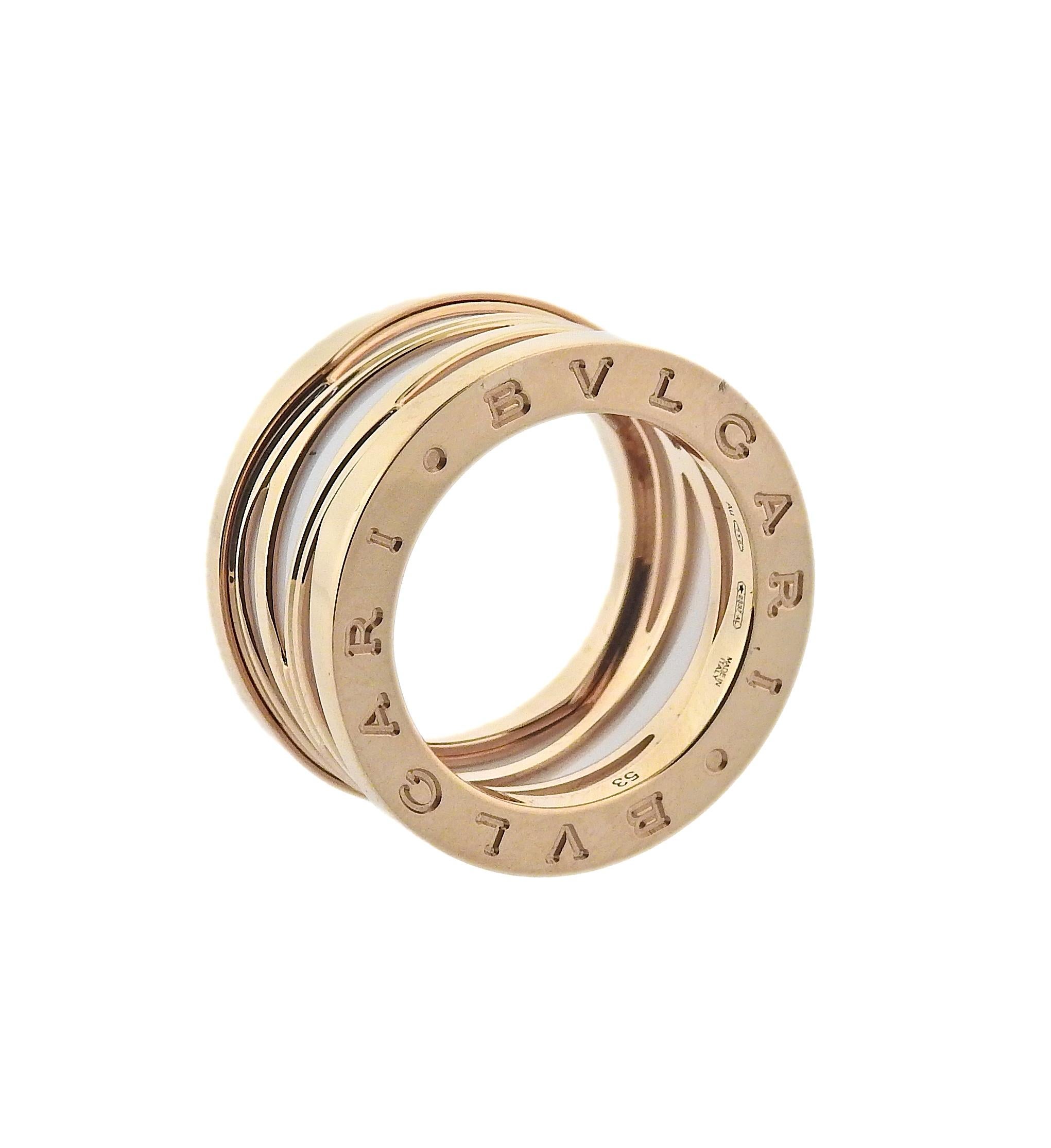 Bulgari B.Zero1 Rose Gold White Ceramic Band Ring In Excellent Condition For Sale In Lambertville, NJ